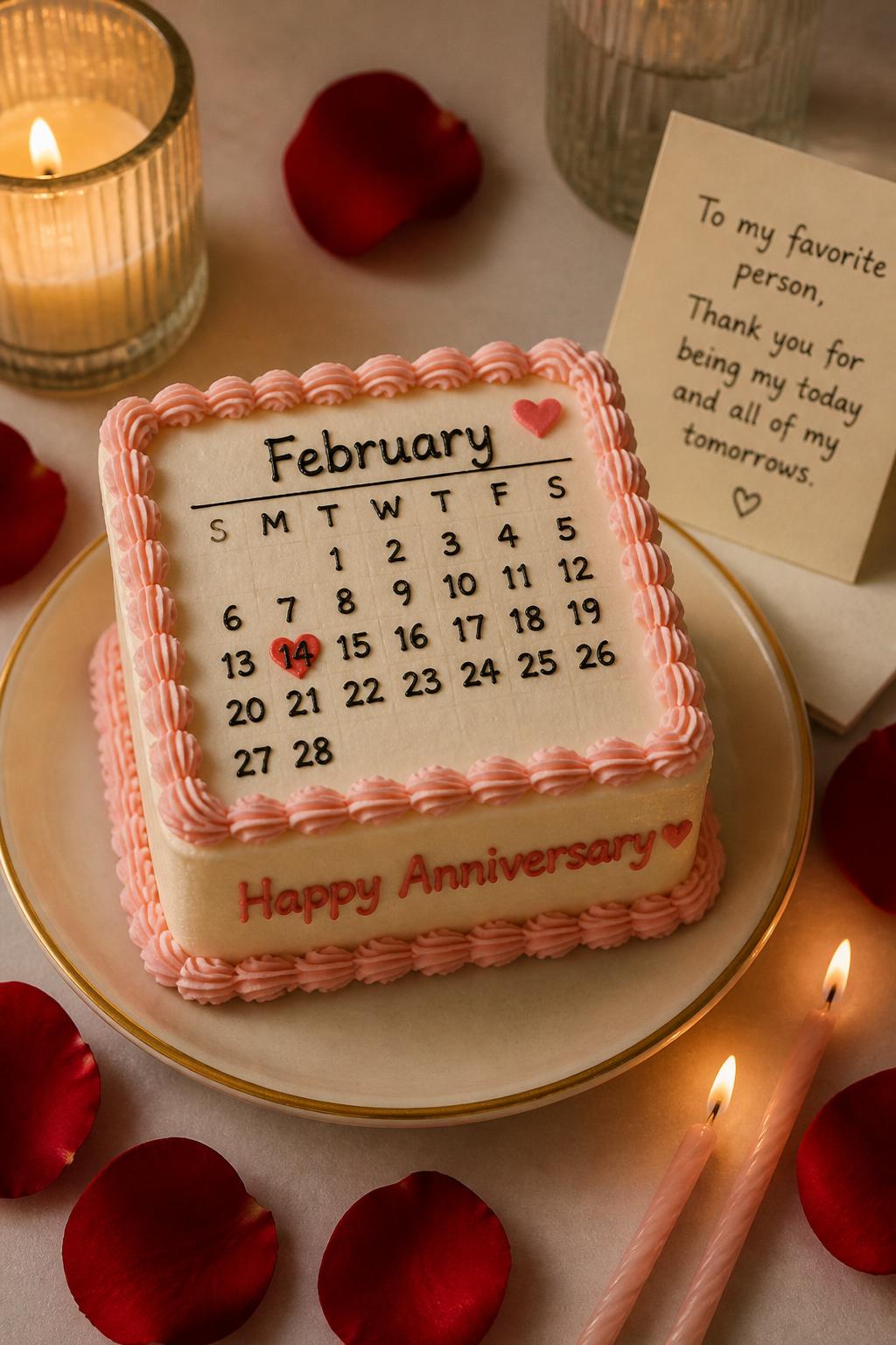 Image Prompt: A personalized anniversary mini cake designed like a tiny calendar page, with smooth white buttercream, a neat piped calendar grid, one date marked with a small red heart, and soft pink borders. Style it with candles, a folded love note, rose petals, and warm indoor lighting. Make it thoughtful, cute, and realistic, no people, no faces, no watermark. (no watermarks on images)