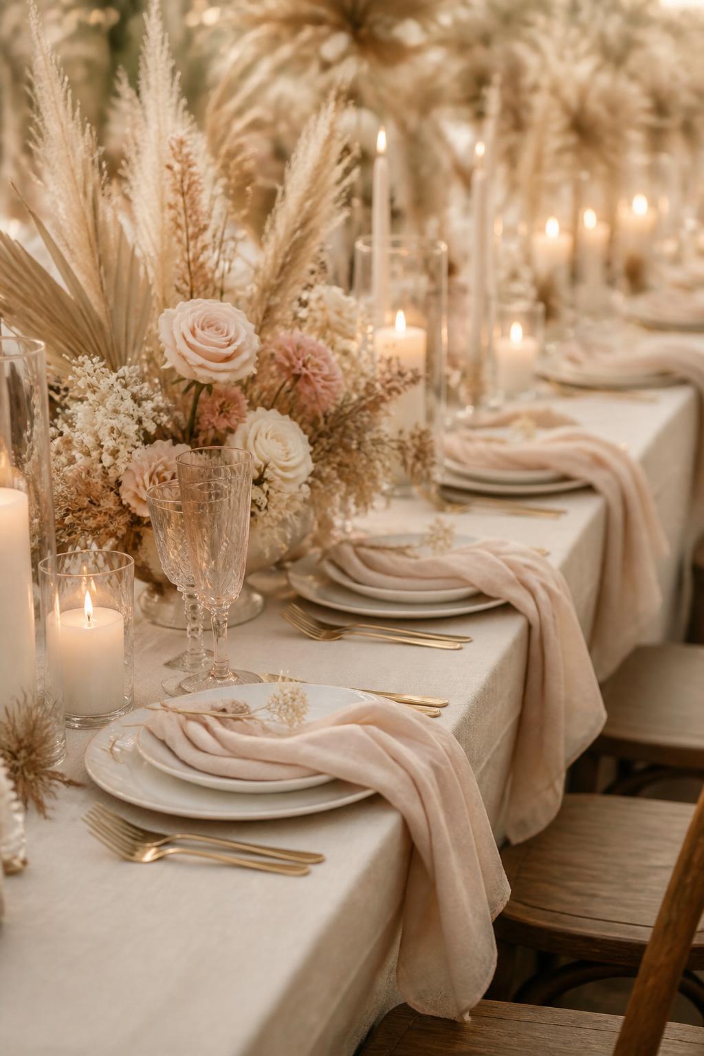 Image Prompt:
A romantic boho wedding table photo showing blush flowers mixed with dried grasses, beige roses, ivory candles, champagne linen, white plates, gold flatware, and soft glowing light. Elegant boho reception setting, no visible faces, no text, no watermark, realistic editorial wedding photography, (no watermarks on images)