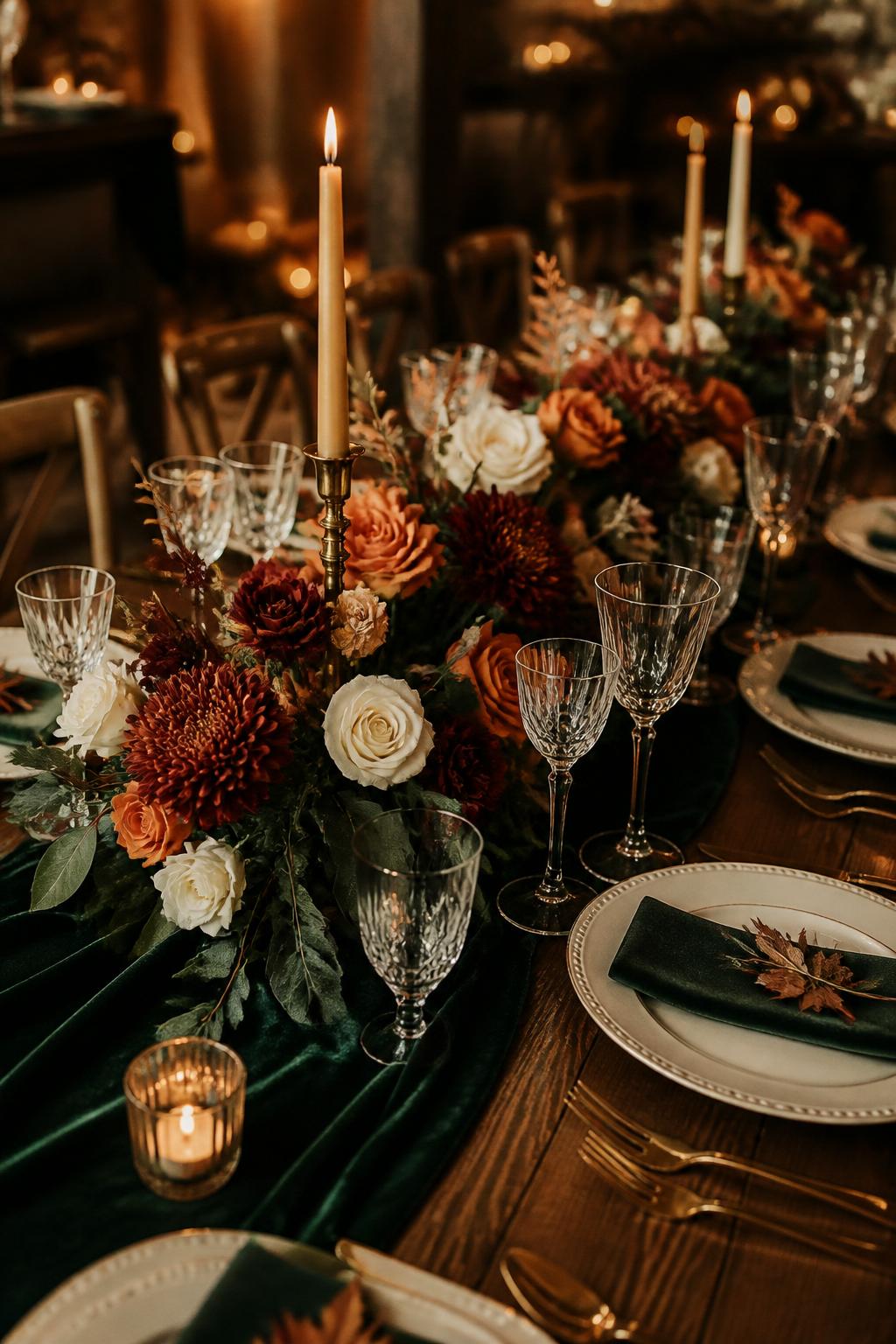 Image Prompt:
A moody autumn wedding table photo showing a deep green velvet runner, burnt orange flowers, burgundy blooms, ivory roses, gold candle holders, white plates, crystal glasses, and warm low lighting. Elegant fall reception setting, no visible faces, no full people, no text, no watermark, realistic DSLR editorial photography, (no watermarks on images)