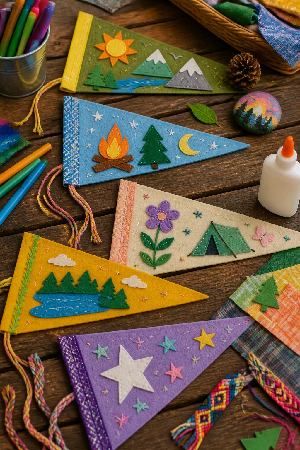 Detailed Image Prompt:
A colorful summer camp craft photo showing handmade camp memory pennants, felt or cardstock triangle flags decorated with paper patches, painted stars, friendship bracelet scraps, tiny nature drawings, and ribbon trim, arranged on a picnic table with markers, glue, and fabric scraps nearby, cozy camp keepsake style, no people, no faces, no readable text, no watermark on images.