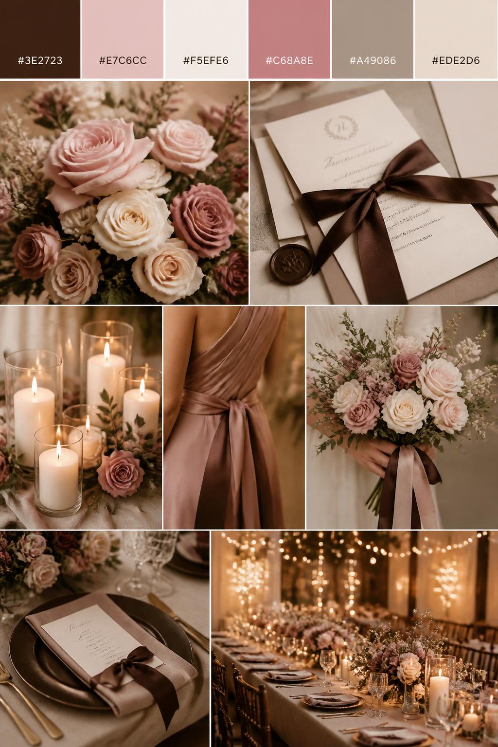 A realistic wedding mood board with a top strip of color swatches and small hex codes in espresso brown, blush pink, cream, dusty rose, warm taupe, and pale beige. Below, show a romantic collage of wedding details: blush roses, cream candles, espresso table accents, brown ribbon-tied invitations, soft floral centerpieces, a cropped bridesmaid dress detail from the neck down, hands holding a bouquet, and a no-people reception table with warm lighting. Keep the collage soft, romantic, and polished with DSLR-style realism. Use no clear faces, with side angles, back views, detail-only shots, and no-people scenes. 9:16 vertical format. (no watermarks on images)