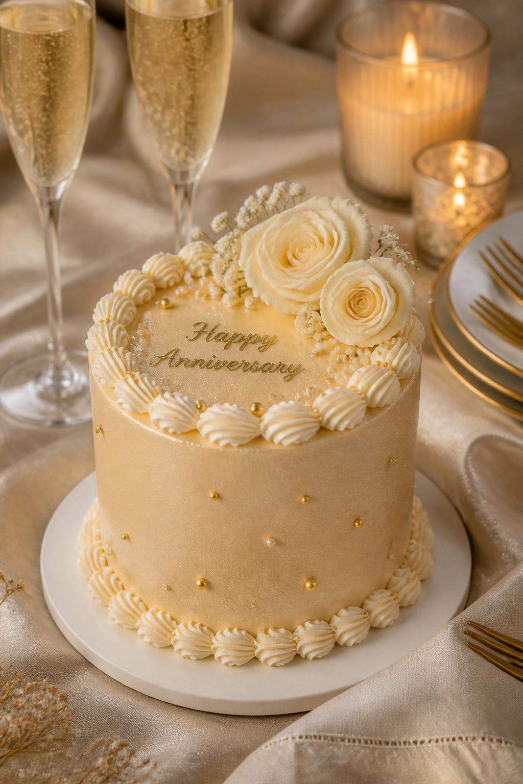 Image Prompt: A champagne-colored anniversary mini cake with smooth buttercream, soft shimmer, tiny gold pearls, ivory piping, and cream roses on top. Place it beside champagne glasses, candles, gold-rimmed plates, and warm neutral linen. Make it elegant, festive, and realistic, with editorial food photography, no people, no faces, no watermark. (no watermarks on images)