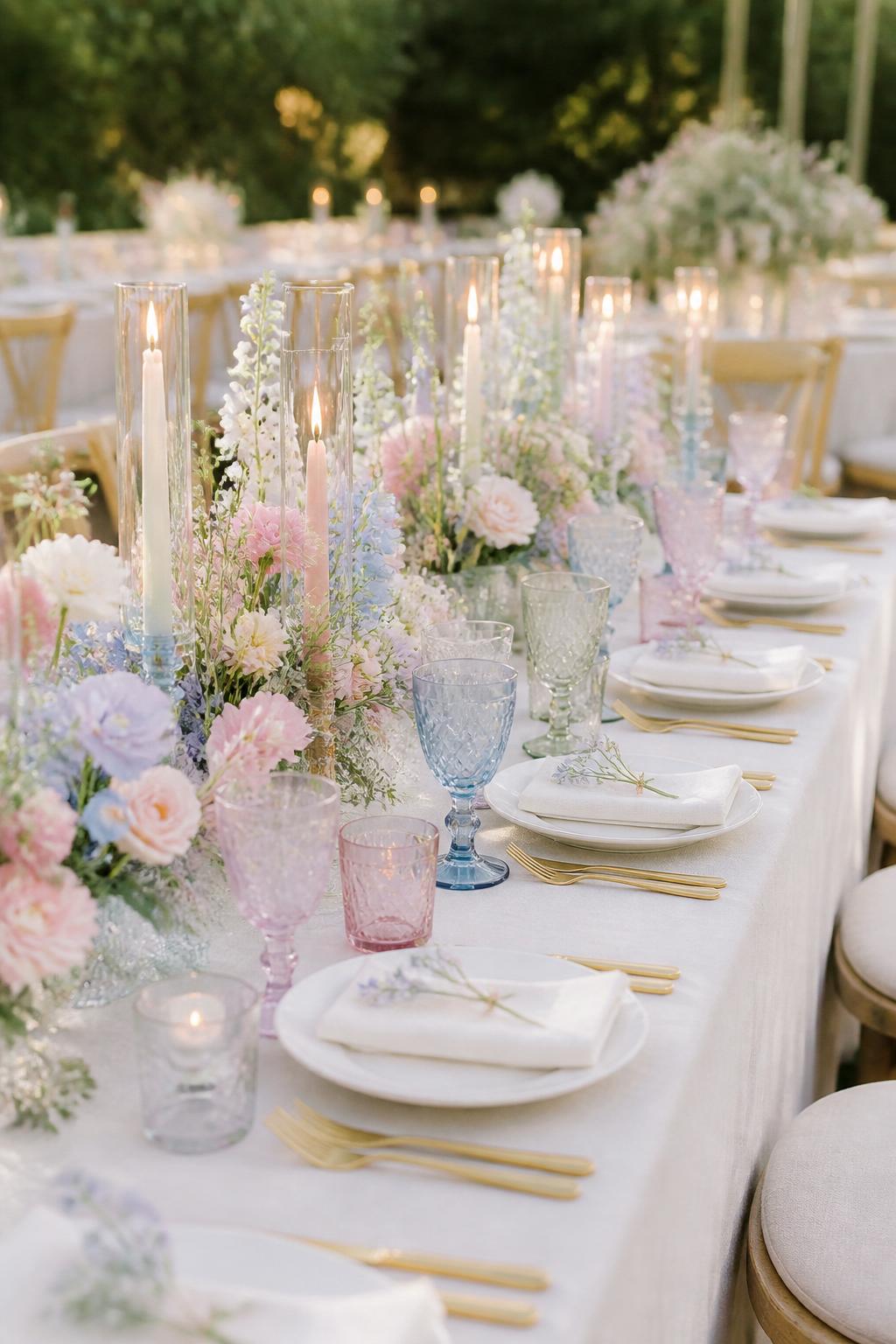 Image Prompt:
A beautiful whimsical wedding table styled with pastel glassware in blush, pale blue, lavender, and soft green, paired with loose garden florals, ivory linen, white plates, gold flatware, and candlelight. Outdoor garden reception setting with soft natural light, no visible faces, no text, no watermark, professional editorial wedding photography, (no watermarks on images)