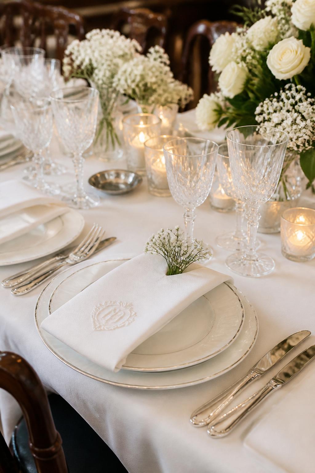 Image Prompt:
A close editorial wedding table photo focused on white monogram-style linen napkins with no readable initials, layered white plates, crystal glassware, polished silver flatware, small white floral sprigs, and soft candlelight. Elegant private club or estate wedding reception setting, no visible faces, no watermark, realistic professional wedding photography, (no watermarks on images)