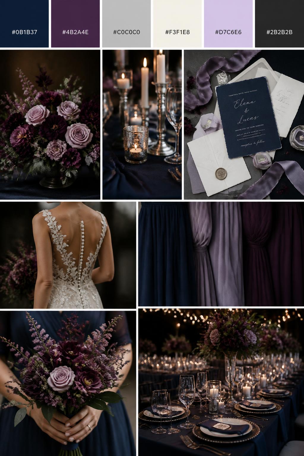 A realistic blue wedding color palette mood board with a top strip of swatches and small hex codes in midnight blue, plum, silver, ivory, soft lilac, and charcoal. Below, show a cohesive collage of plum flowers, midnight blue linens, silver candle holders, stationery with silk ribbon, a back-view bridal detail, cropped bridesmaid dress fabric shots, hands-only bouquet styling, and a romantic reception table under warm glowing light. Keep faces out of frame using side angles, back views, close-up crops, and no-people scenes. The overall mood should feel moody, elegant, romantic, and polished with realistic DSLR photo quality. 9:16 vertical format. (no watermarks on images)