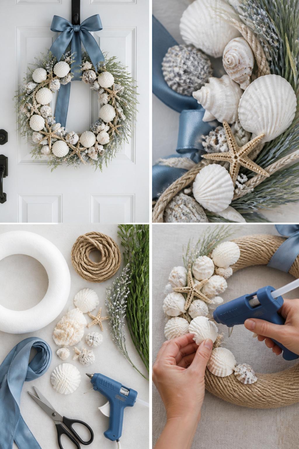 Detailed Image Prompt:
A realistic editorial 2x2 collage grid showing a blue and white coastal summer wreath, top-left finished wreath on a white front door with blue ribbon, white shells, faux sea grass, small starfish, and rope details, top-right close-up of shell texture and soft blue ribbon, bottom-left flat lay of foam wreath base, jute rope, seashells, blue ribbon, faux grass, starfish, scissors, and hot glue gun, bottom-right cropped hands gluing shells onto the wrapped wreath base, coastal summer home styling, no faces, no text, no watermark on images.