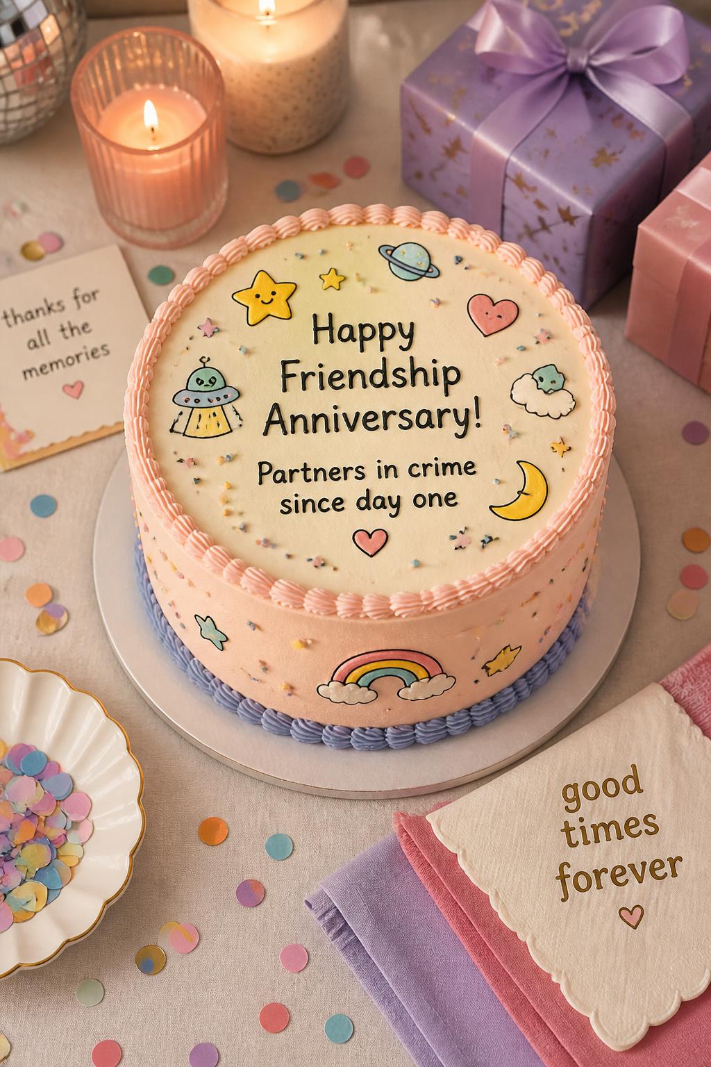 Image Prompt: A playful friendship anniversary cake with smooth pastel buttercream, cute piped doodle-style icons, tiny hearts, stars, and space for a short inside-joke message on top. Style it on a fun dessert table with candles, confetti, small gifts, and colorful napkins. Make it realistic, personal, cute, and polished, no people, no faces, no watermark. (no watermarks on images)