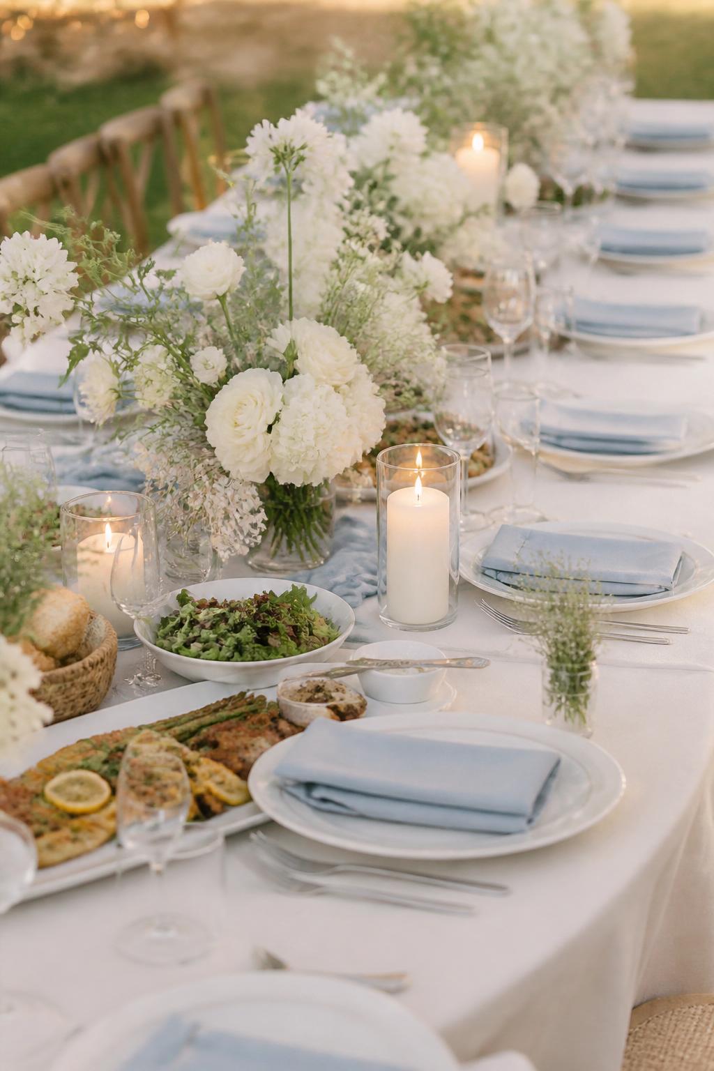 Image Prompt:
A pretty family style wedding dinner table with soft blue linen napkins, white floral arrangements, low greenery, shared serving dishes, white plates, clear glasses, and ivory candles. Garden, coastal, or tented reception setting with soft natural light, no visible faces, no text, no watermark, realistic wedding photography, (no watermarks on images)