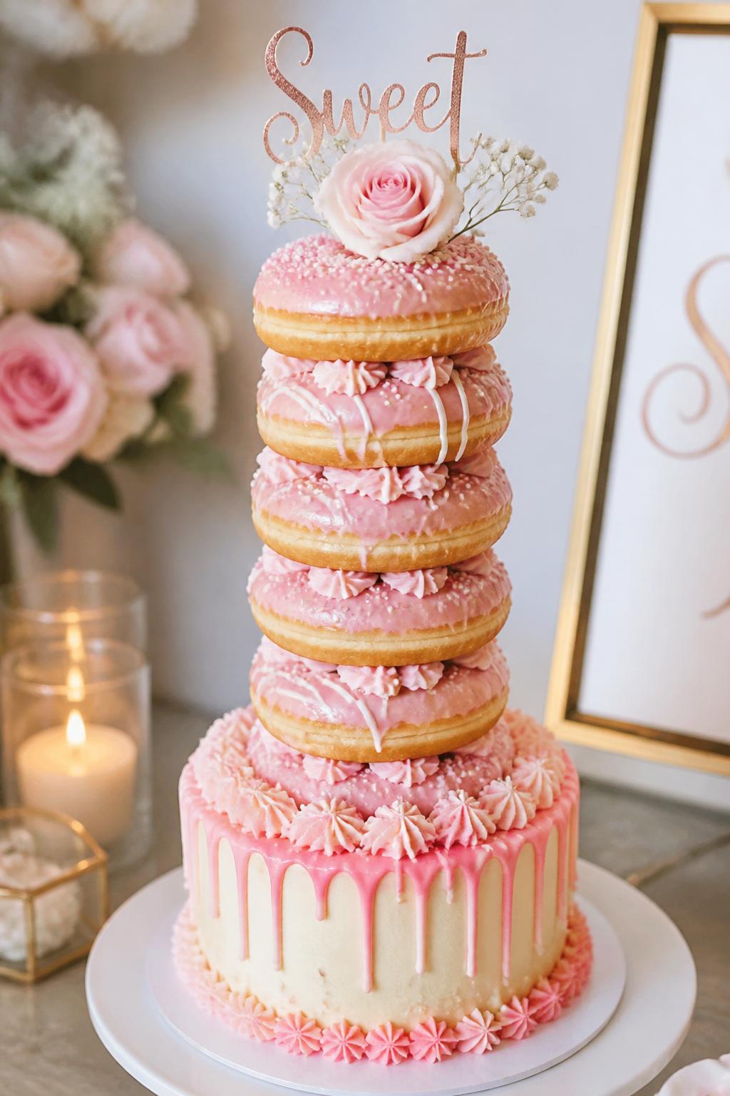 Detailed Image Prompt:
A creative donut and cake hybrid tower with a small round cake at the base, stacked glazed donuts rising above it in a neat tower, buttercream piping, soft pink icing, white drizzle, pearl sprinkles, and a pretty cake topper, styled on a modern dessert table, realistic DSLR editorial cake photography, no people, no watermarks on images.