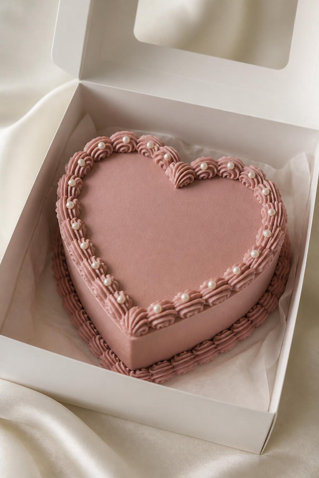 Image Prompt:
A beautiful heart shaped bento cake inside a white cake box, smooth dusty rose frosting, tiny edible pearl accents placed neatly around the top edge, elegant piped border, soft luxury bakery styling, clean backdrop, realistic editorial dessert photography, no people, no hands, no faces, no watermarks on images