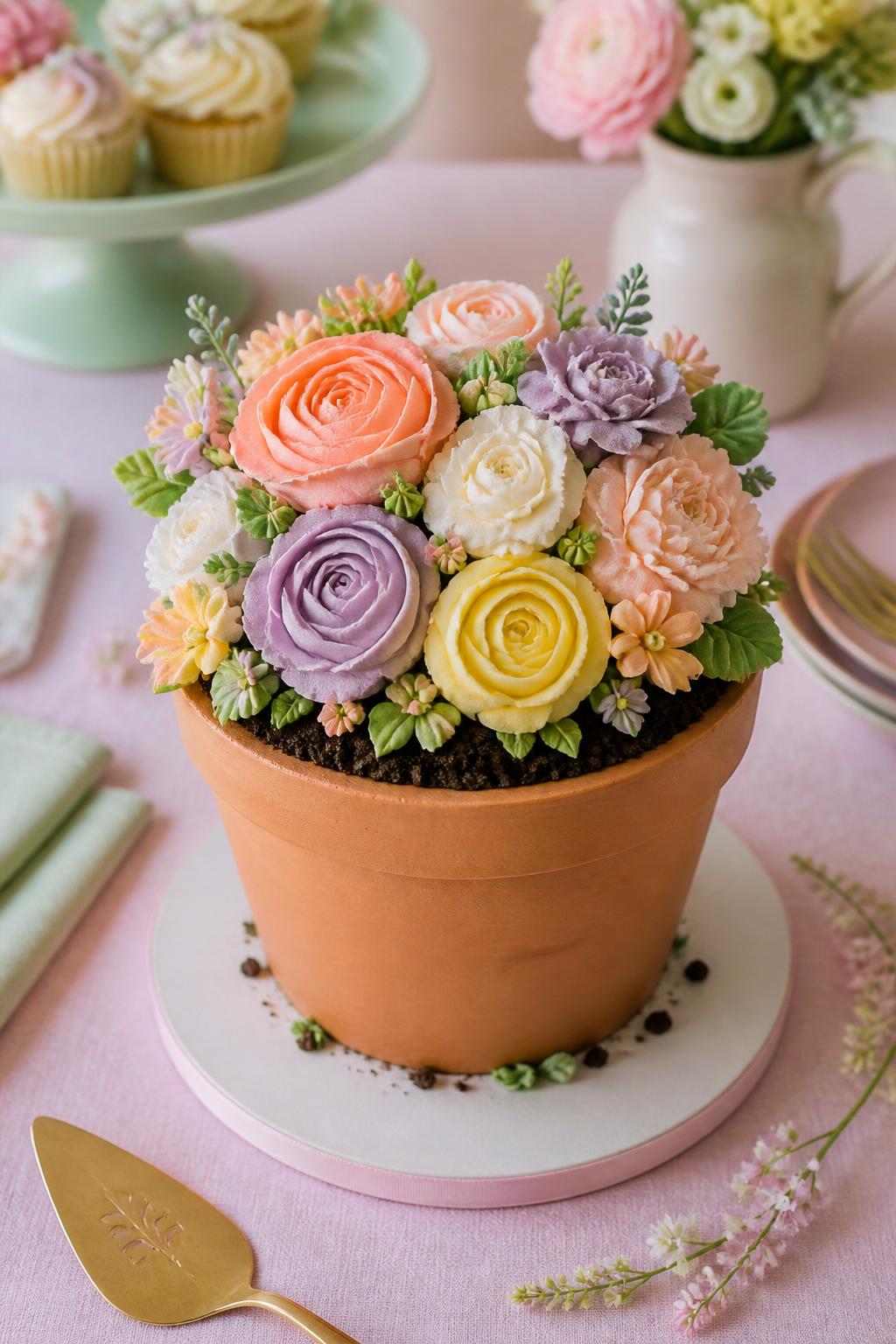 Detailed Image Prompt:
A lovely flower pot cake topped with soft pastel buttercream blooms in peach, lilac, pale yellow, blush, and cream, with airy green leaves, cookie crumb soil, and a smooth terracotta-style frosting pot, styled on a pastel party table with soft spring decor, realistic editorial cake photography, no people, no watermarks on images.
