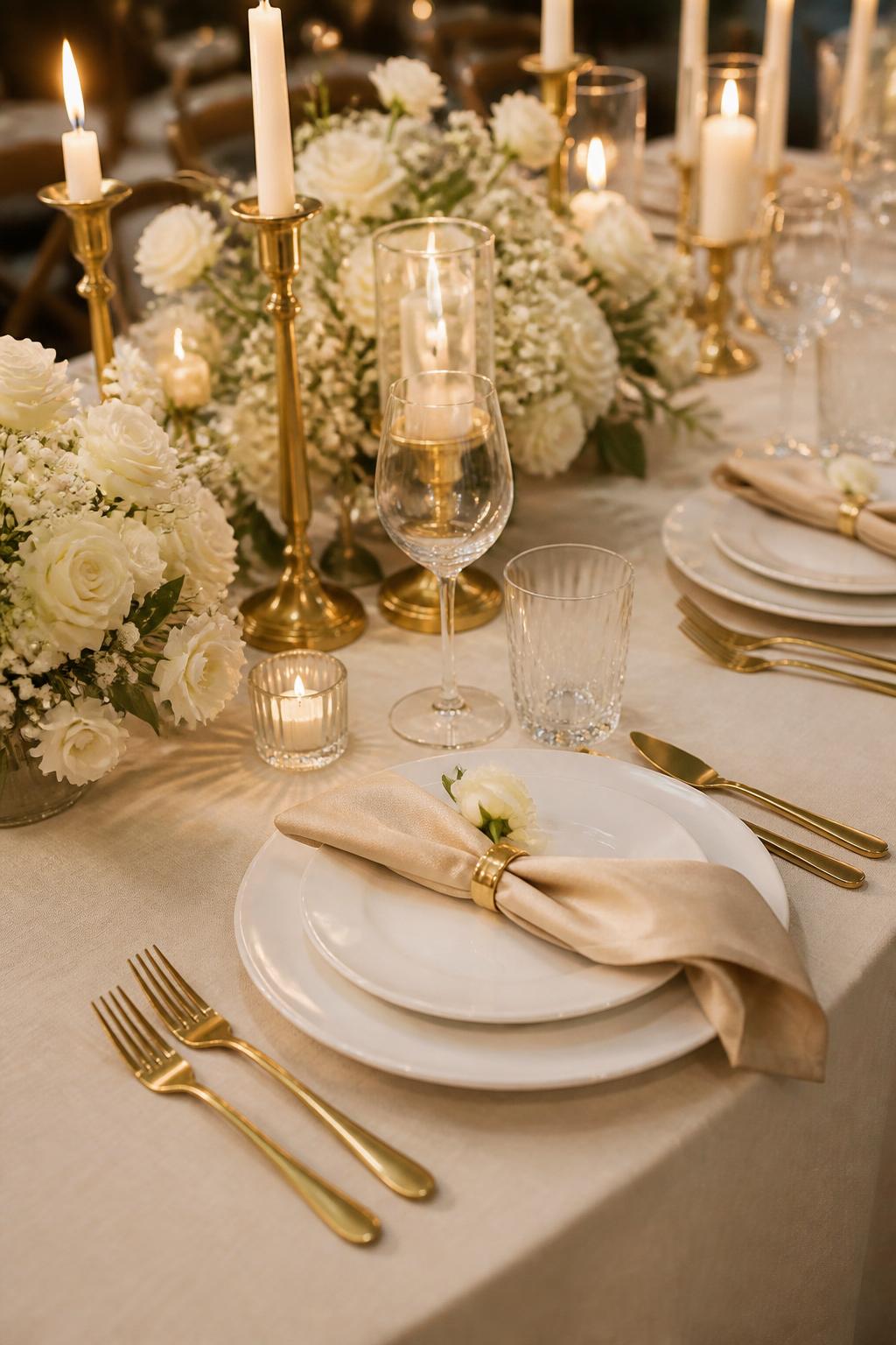 Image Prompt:
An elegant civil wedding table photo showing ivory linen, champagne napkins, white flowers, gold candle holders, white plates, crystal glasses, and polished gold flatware. Intimate indoor wedding reception setting with warm light, no visible faces, no text, no watermark, realistic DSLR editorial photography, (no watermarks on images)
