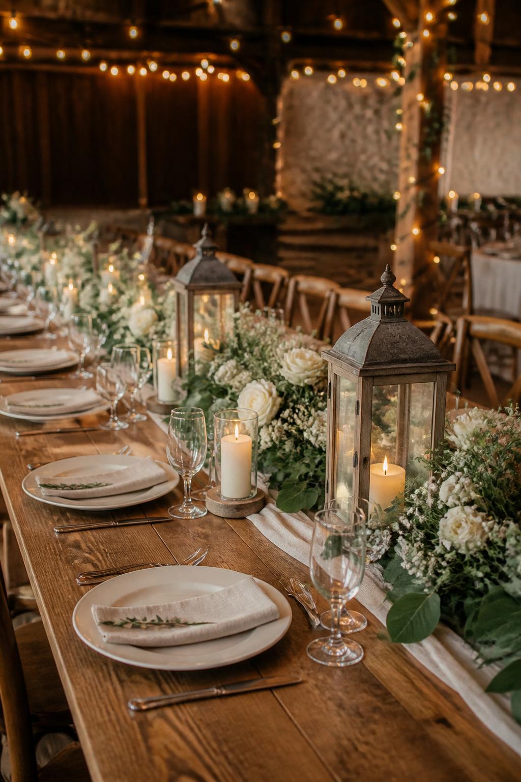 A charming wooden wedding table styled with small rustic lanterns, low white floral arrangements, greenery, ivory candles, ceramic plates, linen napkins, and warm reception lighting. Barn or countryside venue, no visible faces, no text, no watermark, realistic DSLR editorial wedding photography, (no watermarks on images)