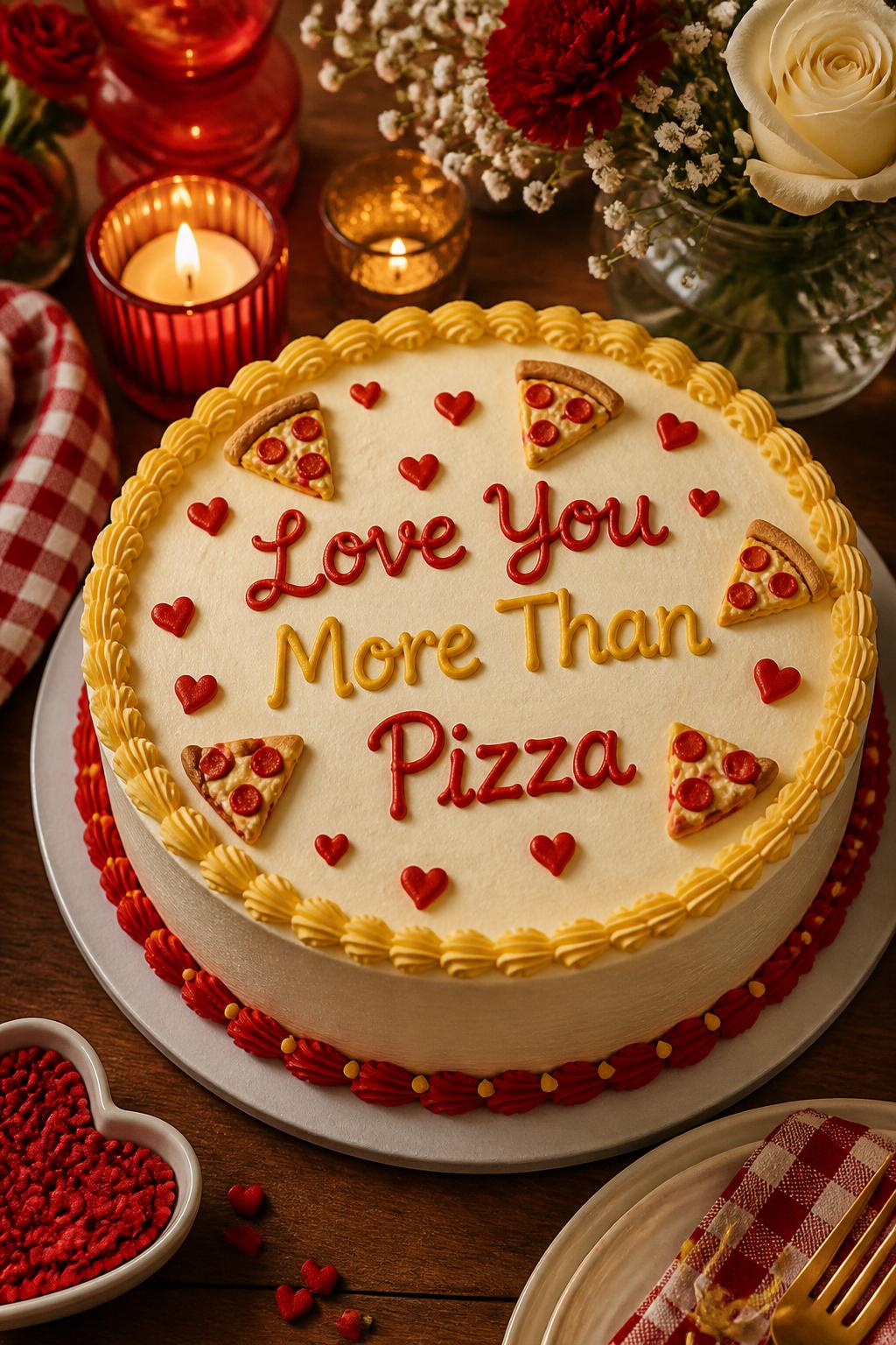 Image Prompt: A playful anniversary cake with smooth white buttercream, piped lettering that says “Love You More Than Pizza,” tiny edible pizza slice details, red hearts, and soft yellow and red piping. Style it on a casual romantic dessert table with candles, checkered napkins, flowers, and warm lighting. Make it funny, cute, and realistic, no people, no faces, no watermark. (no watermarks on images)