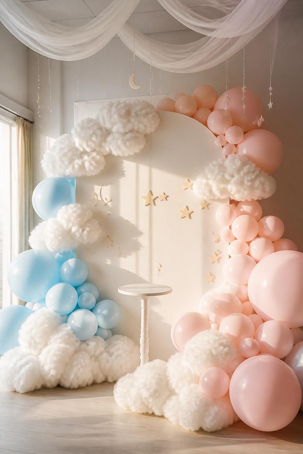 Image Prompt:
A single realistic editorial-style photo of a dreamy gender reveal party backdrop with a soft blue and blush pink cloud theme, fluffy white faux cloud clusters arranged around a cream half-arch panel, pastel pink and powder blue balloons in different sizes, sheer white fabric draped softly from the top, a small white pedestal cake stand in front, delicate star and moon cutouts hanging from clear thread, warm natural daylight, no people, no faces, clean indoor party room, soft shadows, realistic phone photography style, no text, no watermark.