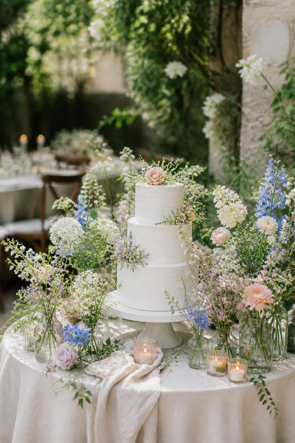 Image Prompt:
A pretty garden wedding cake table showing a white tiered cake on a simple stand, surrounded by loose wildflowers in white, blush, lavender, pale yellow, and soft blue tones. Add natural linen, small candles, greenery, and an outdoor garden reception setting. No visible faces, no text, no watermark, professional editorial wedding photography, (no watermarks on images)