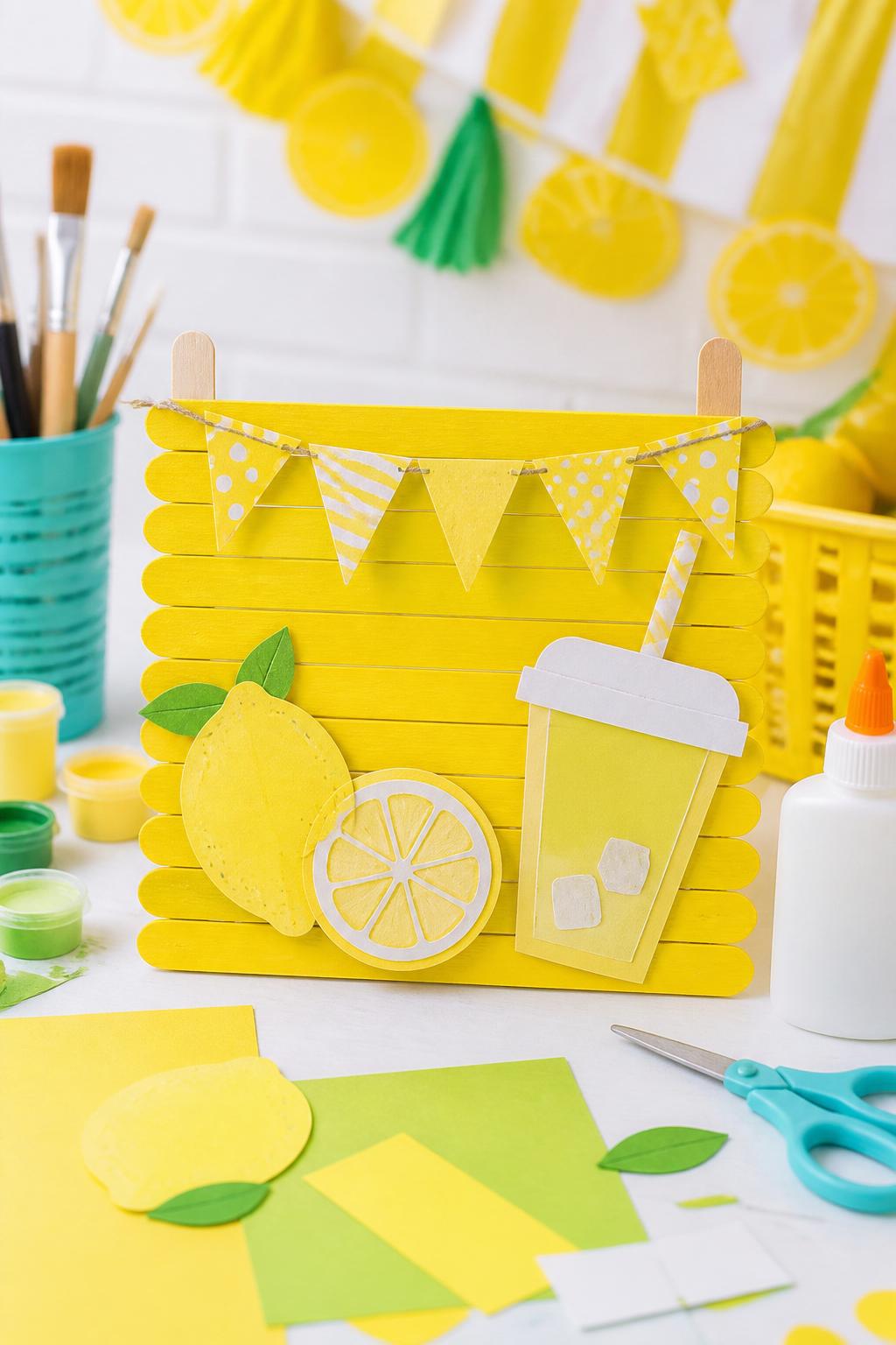 Detailed Image Prompt:
A cute summer kids’ craft scene showing a mini popsicle stick lemonade stand sign, yellow painted craft sticks arranged like a small wooden board, paper lemons, tiny bunting, and a handmade lemonade cup cutout, placed on a bright craft table with paint pots, glue, and paper scraps, clean editorial photo, summer party feel, no faces, no readable text, no watermark on images.
