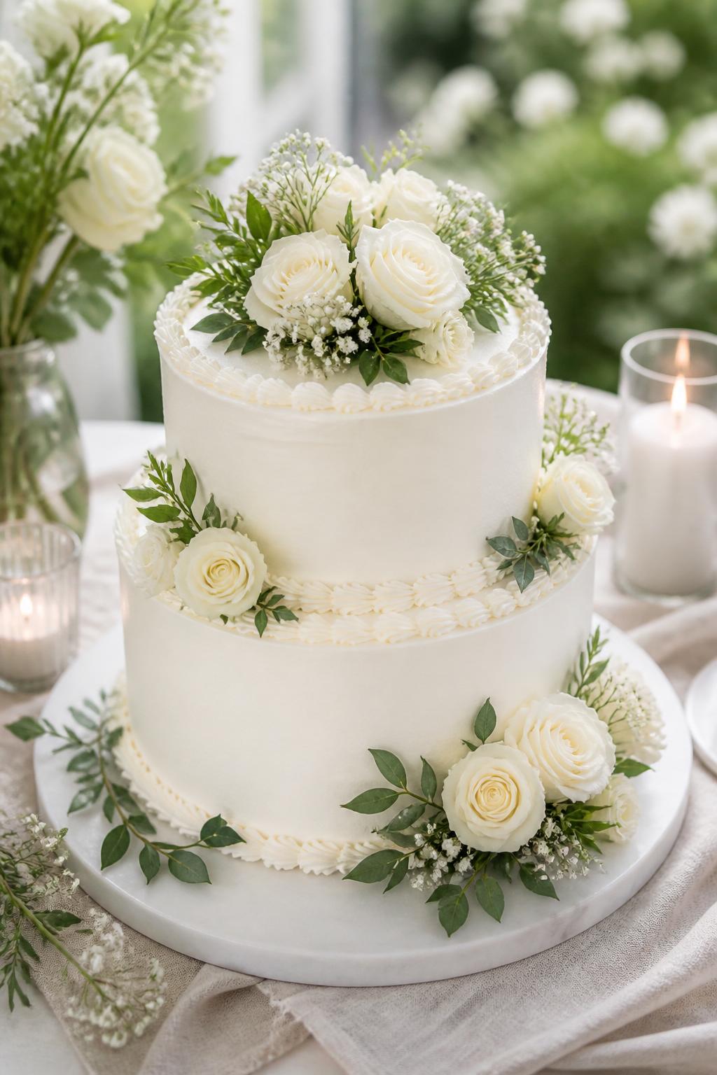 Image Prompt: A fresh white and green wedding anniversary cake with smooth white buttercream, soft greenery, white roses, small baby’s breath details, and clean piped edges. Style it in a bright garden-inspired setting with linen, candles, and natural daylight. Make it look fresh, elegant, and realistic, no people, no faces, no text overlay, no watermark. (no watermarks on images)