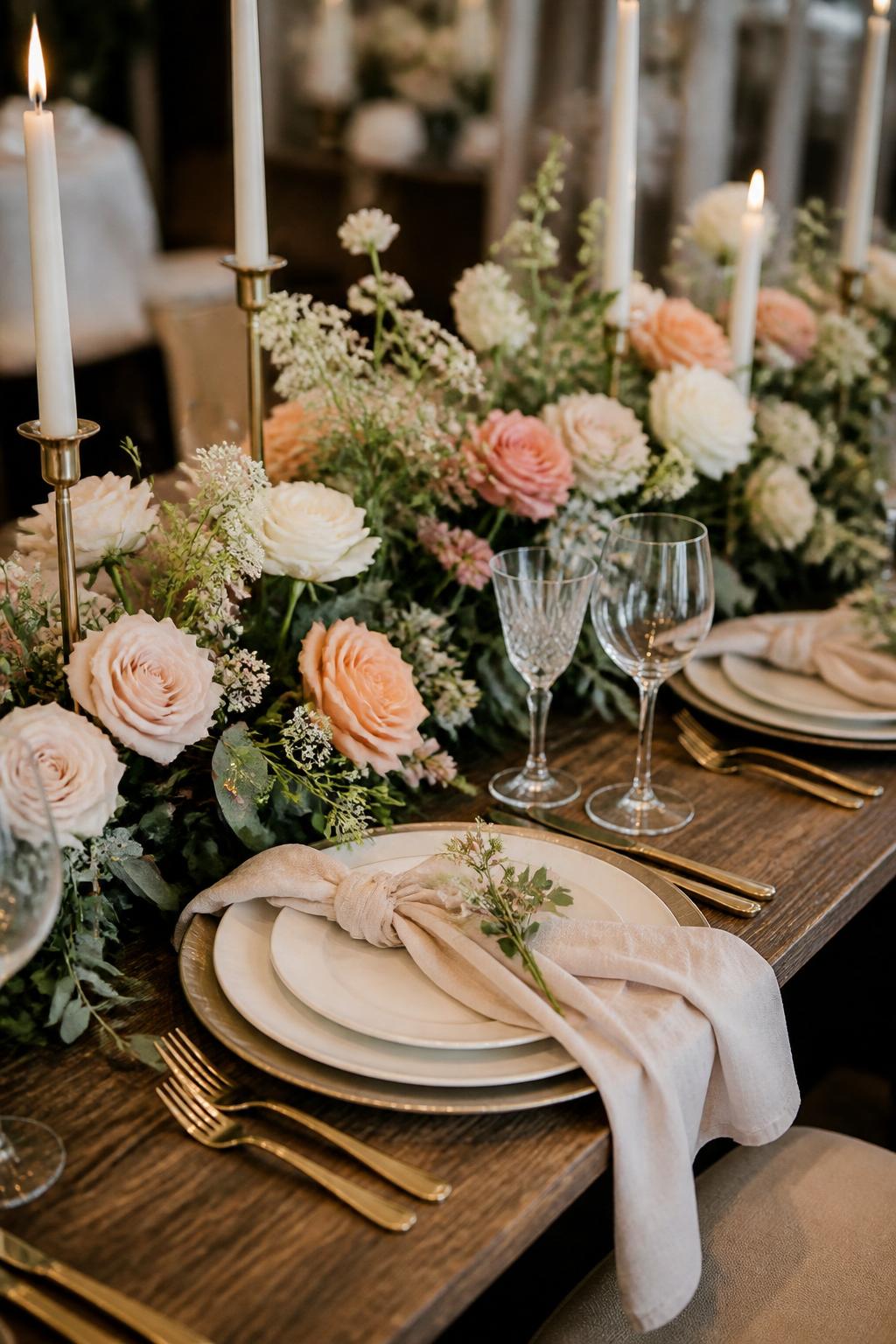 A romantic editorial wedding reception photo showing a wooden table with a floral garland in blush, ivory, and soft peach tones mixed with delicate greenery, taper candles, gold flatware, clear glassware, and folded linen napkins. The setting feels elegant and romantic, no visible faces, no full people, no text, no watermark, realistic DSLR wedding photography, (no watermarks on images)