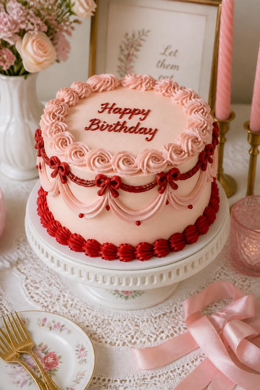 Detailed Image Prompt:
A vintage birthday cake decorated with pink buttercream rosettes, red piped ribbon borders, scalloped details, and a neat round shape, displayed on a dainty cake stand with feminine birthday decor and candles nearby, realistic editorial cake photography, no people, crisp natural light, no watermarks on images.