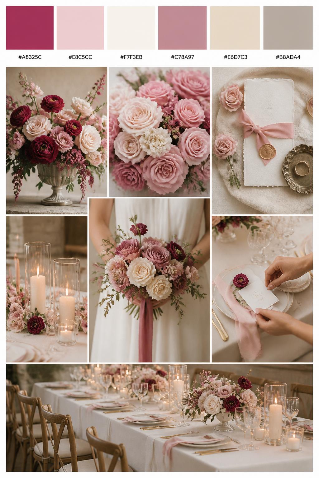 A realistic wedding color palette mood board in a Pinterest-style collage layout. Add a top row of clean color swatches with small hex codes in raspberry, blush pink, ivory, dusty rose, warm beige, and soft taupe. Below the swatches, create a polished collage of wedding details: raspberry floral arrangements, blush roses, ivory table linens, romantic candles, elegant stationery with silk ribbon, a bouquet held at waist level with no face visible, hands adjusting place cards, and a no-people reception table scene. Use side views, back views, cropped-from-neck detail shots, hands-only styling, and no-people scenes to avoid showing faces. Soft natural light, DSLR-style realism, 9:16 vertical format. No extra text except small hex codes on the palette strip. (no watermarks on images)