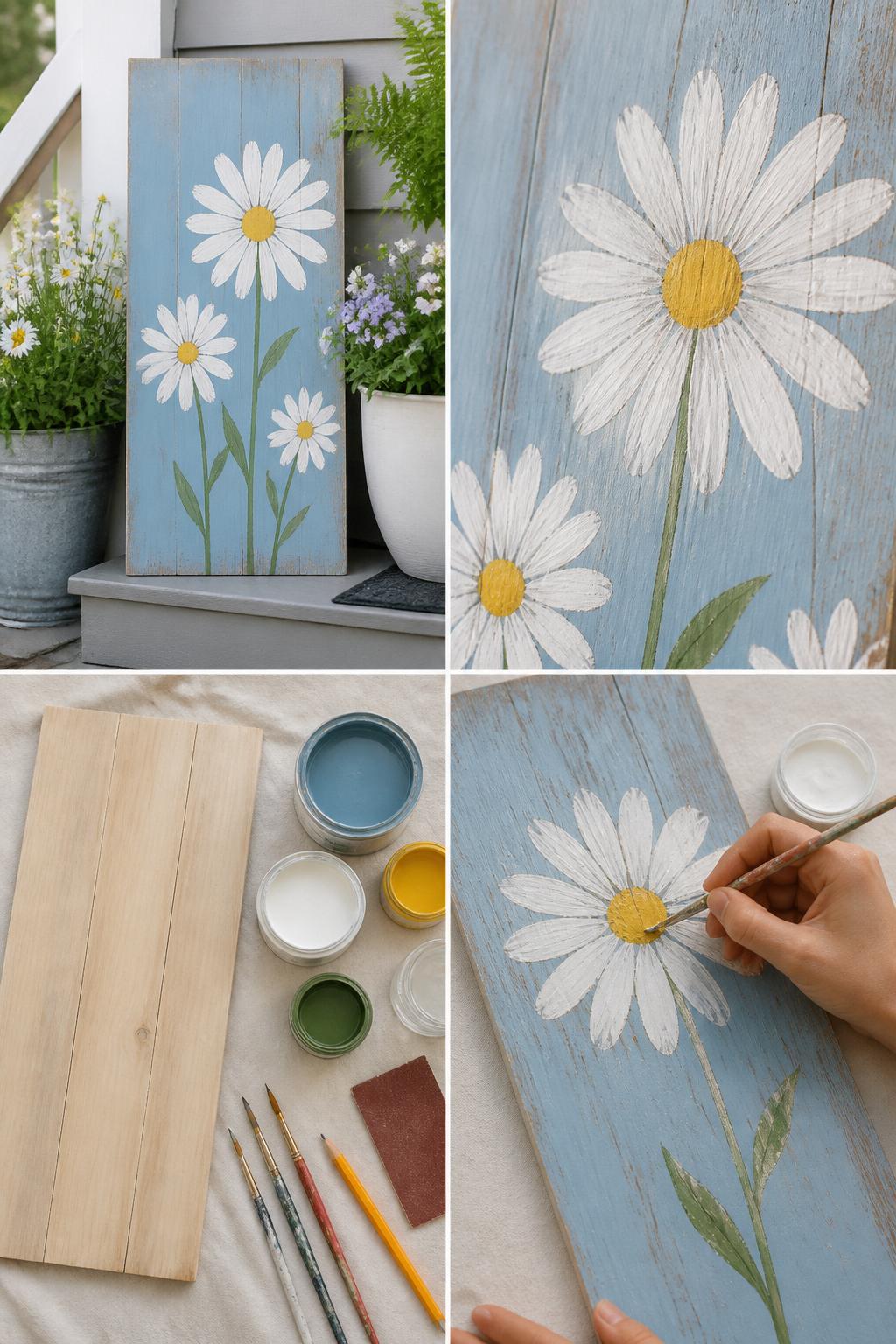 Detailed Image Prompt:
A realistic editorial 2x2 collage grid showing a DIY daisy garden wooden summer sign, top-left finished wood sign with painted white daisies, yellow centers, green stems, and a soft blue background beside porch planters, top-right close-up of daisy petals and lightly distressed wood texture, bottom-left flat lay of wood board, blue, white, yellow, and green outdoor paint, fine brushes, pencil, sandpaper, and clear sealer, bottom-right cropped hands painting daisy petals on the board, cheerful porch garden craft setting, no faces, no text, no watermark on images.