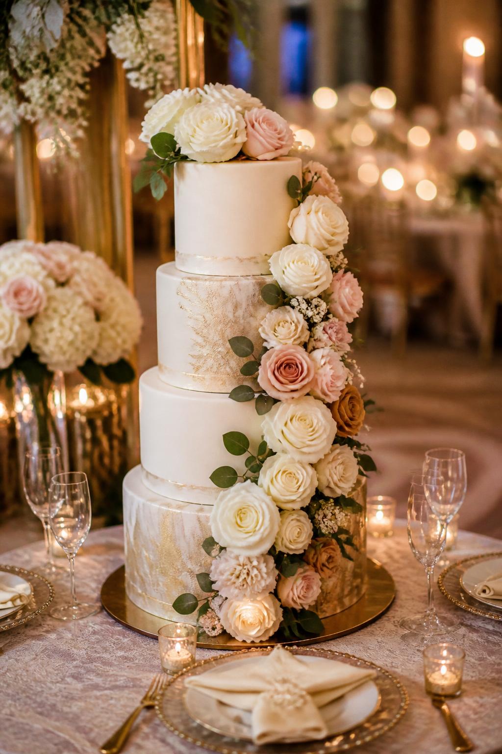 Image Prompt: Ultra-realistic wedding party scene showing a metallic themed wedding cake with smooth ivory tiers, subtle gold or rose gold metallic accents, and a dramatic floral cascade flowing from the top tier to the base. Use ivory roses, blush flowers, champagne-toned blooms, and soft greenery. Place the cake on an elegant reception cake table with candles, floral centerpieces, fine table settings, champagne glasses, and a softly blurred wedding venue background. Keep the cake in sharp focus. No visible faces. If guests appear, show only side views in blur, back views, cropped torsos, or neck-down figures. Realistic flower texture, metallic accents, detailed icing, warm DSLR wedding realism. (no watermarks on images)