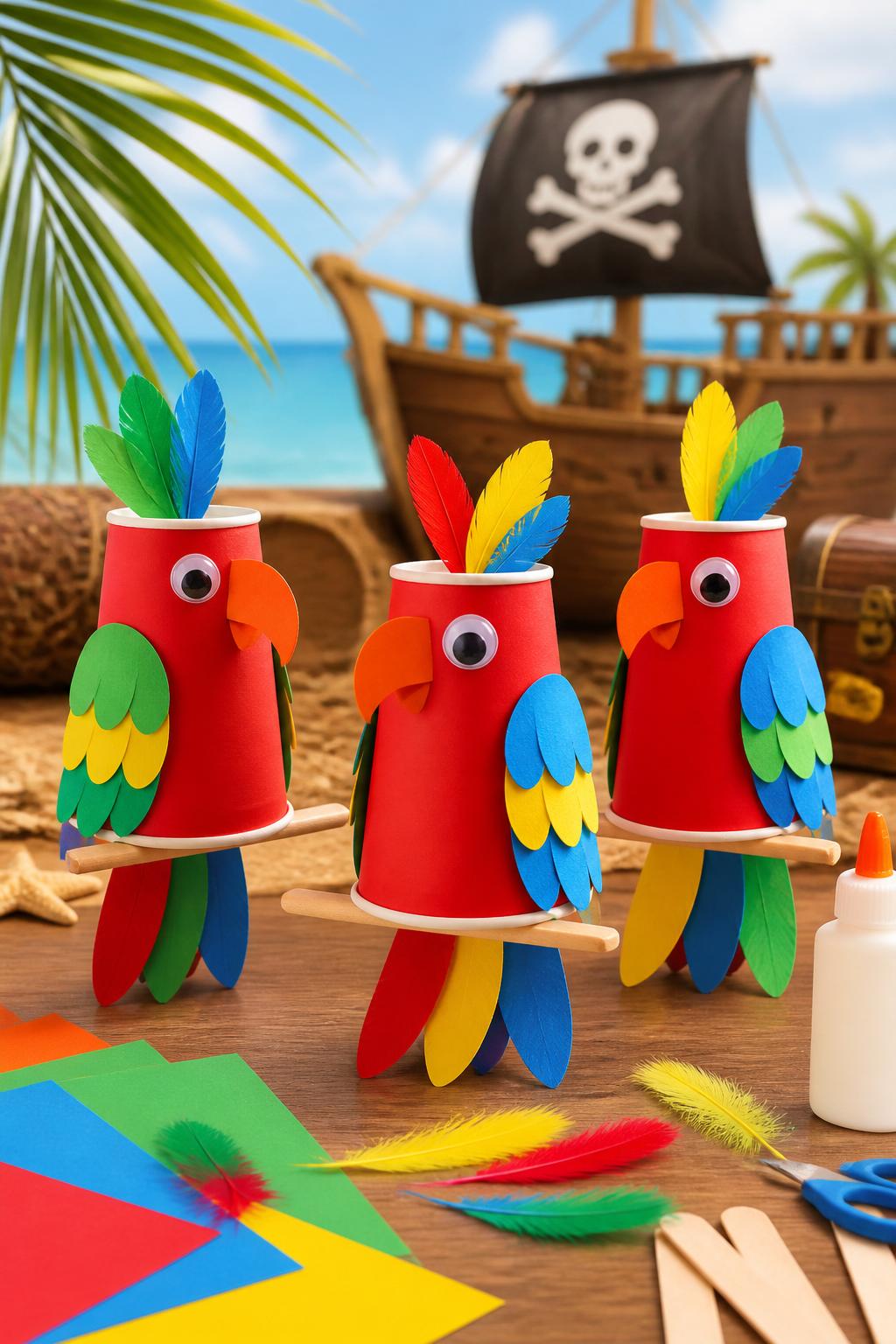 Detailed Image Prompt:
A colorful pirate craft photo showing paper cup parrots, red paper cups decorated with green, blue, and yellow paper wings, feather tails, googly eyes, orange beaks, and craft stick perches, placed on a clean table with paper scraps and glue nearby, tropical pirate ship pet theme, bright summer lighting, no people, no faces, no text, no watermark on images.