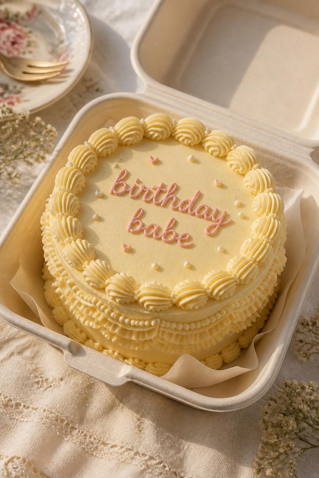 Image Prompt:
A vintage style bento birthday cake with detailed piped shell borders, ruffle piping, soft pastel yellow frosting, handwritten icing text reading “birthday babe,” placed in an open bento box, old fashioned cute bakery styling, soft table setting, realistic close-up food photography, no people, no hands, no faces, no watermarks on images