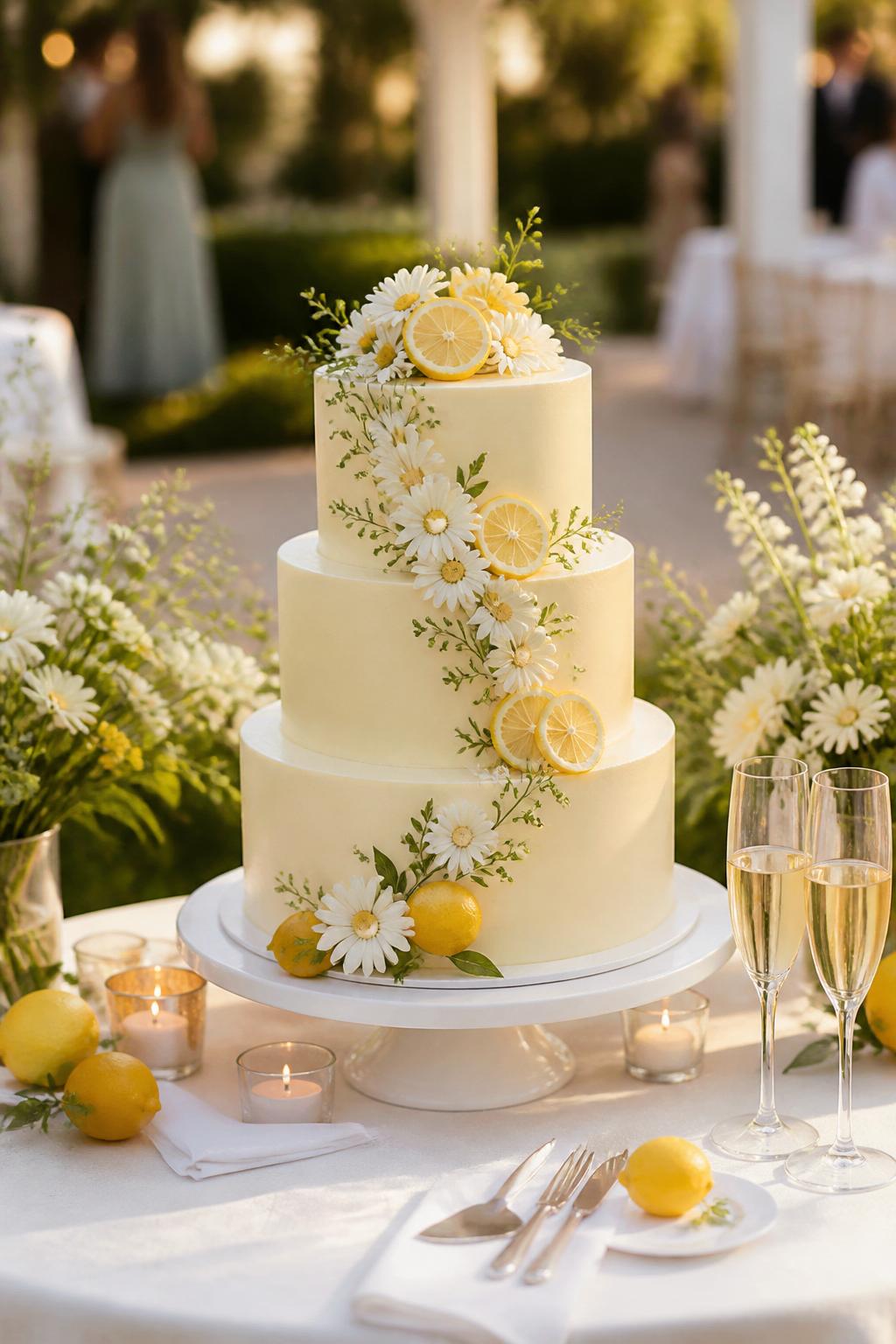 Image Prompt: Ultra-realistic wedding party scene featuring a daisy and lemon wedding cake with smooth ivory or pale lemon-toned tiers, fresh white daisies, tasteful lemon slice accents, and delicate greenery. Place the cake on an elegant reception cake table with candles, daisy and lemon-toned floral decor, fine linens, champagne glasses, and a softly blurred garden wedding venue background. Keep the cake front and center. No visible faces. If people appear, show only hands, back views, side views in blur, or cropped neck-down figures. Realistic lemon texture, fresh daisy detail, warm natural DSLR lighting. (no watermarks on images)
