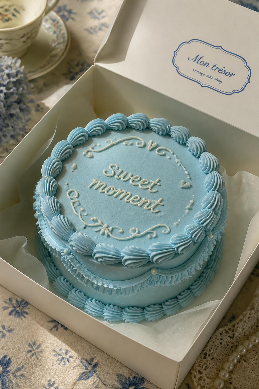 Image Prompt:
A vintage style blue bento cake inside an open white cake box, soft sky blue frosting, detailed shell borders, ruffle piping, delicate swirls, handwritten icing text reading “sweet moment,” romantic retro bakery styling, soft table setting, realistic close-up dessert photography, no people, no hands, no faces, (no watermarks on images)