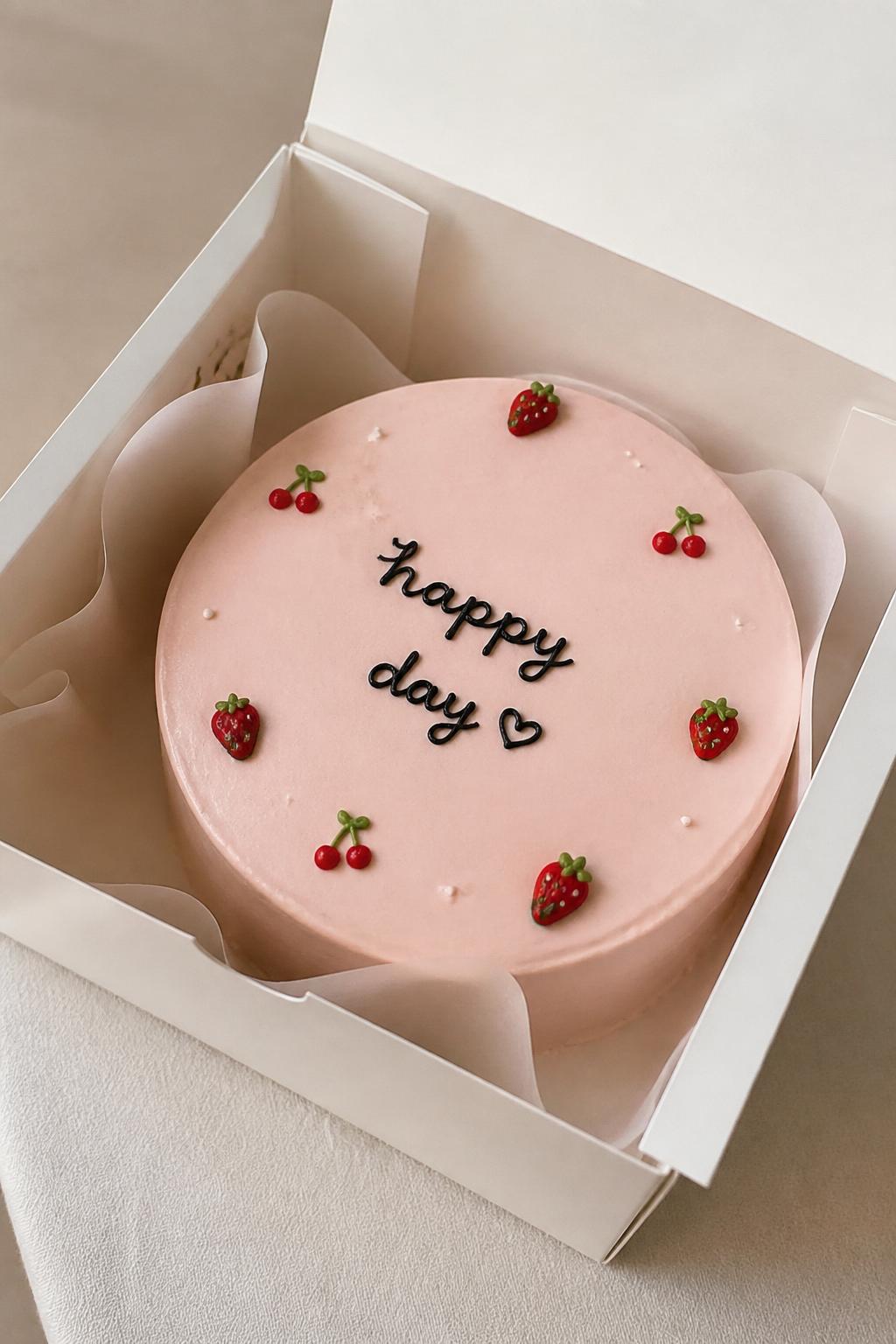 Image Prompt:
A modern Korean style strawberry bento cake in a white cake box, smooth pale pink frosting, clean finish, tiny strawberry and cherry details, simple handwritten icing message, minimal cute styling, soft neutral background, realistic editorial bakery photo, no people, no hands, no faces, no watermarks on images