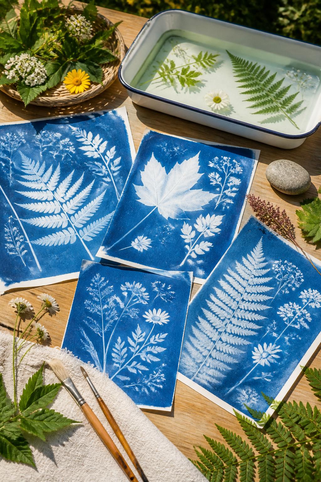 Detailed Image Prompt:
A bright summer solstice craft photo showing solar print leaf art, blue sun-print paper with white silhouettes of leaves, ferns, flowers, and small stems, arranged on a craft table with natural materials and a shallow tray of water nearby, sunny outdoor setup, clean educational craft styling, no people, no faces, no readable text, no watermark on images.