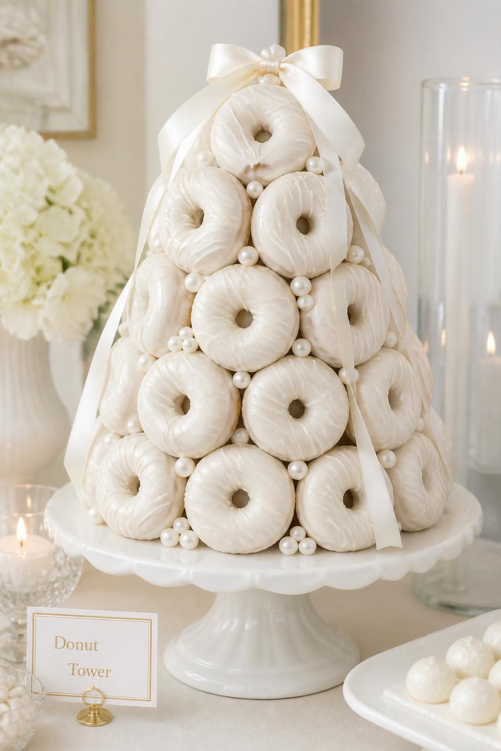 Detailed Image Prompt:
A refined all-white donut tower cake made with white glazed donuts, white chocolate drizzle, edible pearl accents, a white pedestal stand, and soft ivory ribbon, styled on a luxury dessert table with candles and neutral decor, realistic editorial dessert photography, no people, bright soft lighting, no watermarks on images.