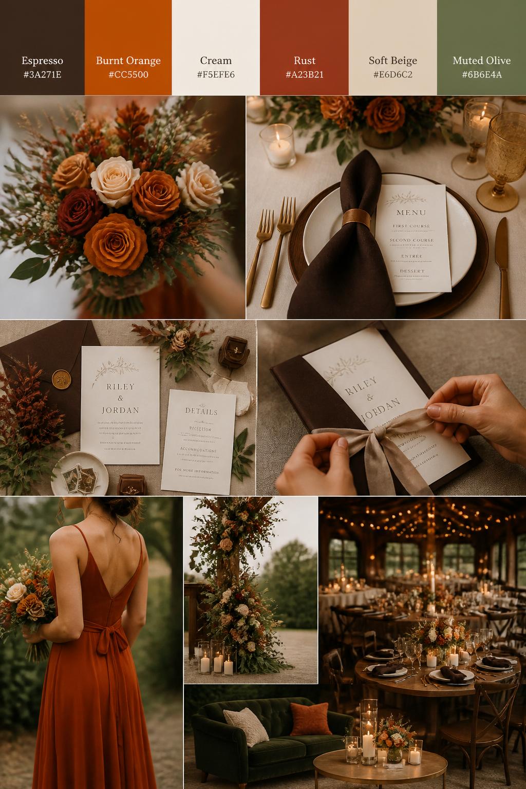 A realistic wedding color palette collage with a top row of swatches and hex codes in espresso brown, burnt orange, cream, rust, soft beige, and muted olive. Below, show realistic wedding details such as burnt orange florals, espresso napkins, cream table styling, elegant stationery, hands tying an invitation suite, a cropped-from-neck bridesmaid dress detail, and a warm reception setup lit by candlelight. Keep all people shown from the back, side, or cropped below the face, and include some no-people decor scenes for variety. The mood should feel cozy, romantic, warm, and polished with DSLR-quality realism. 9:16 vertical format. (no watermarks on images)