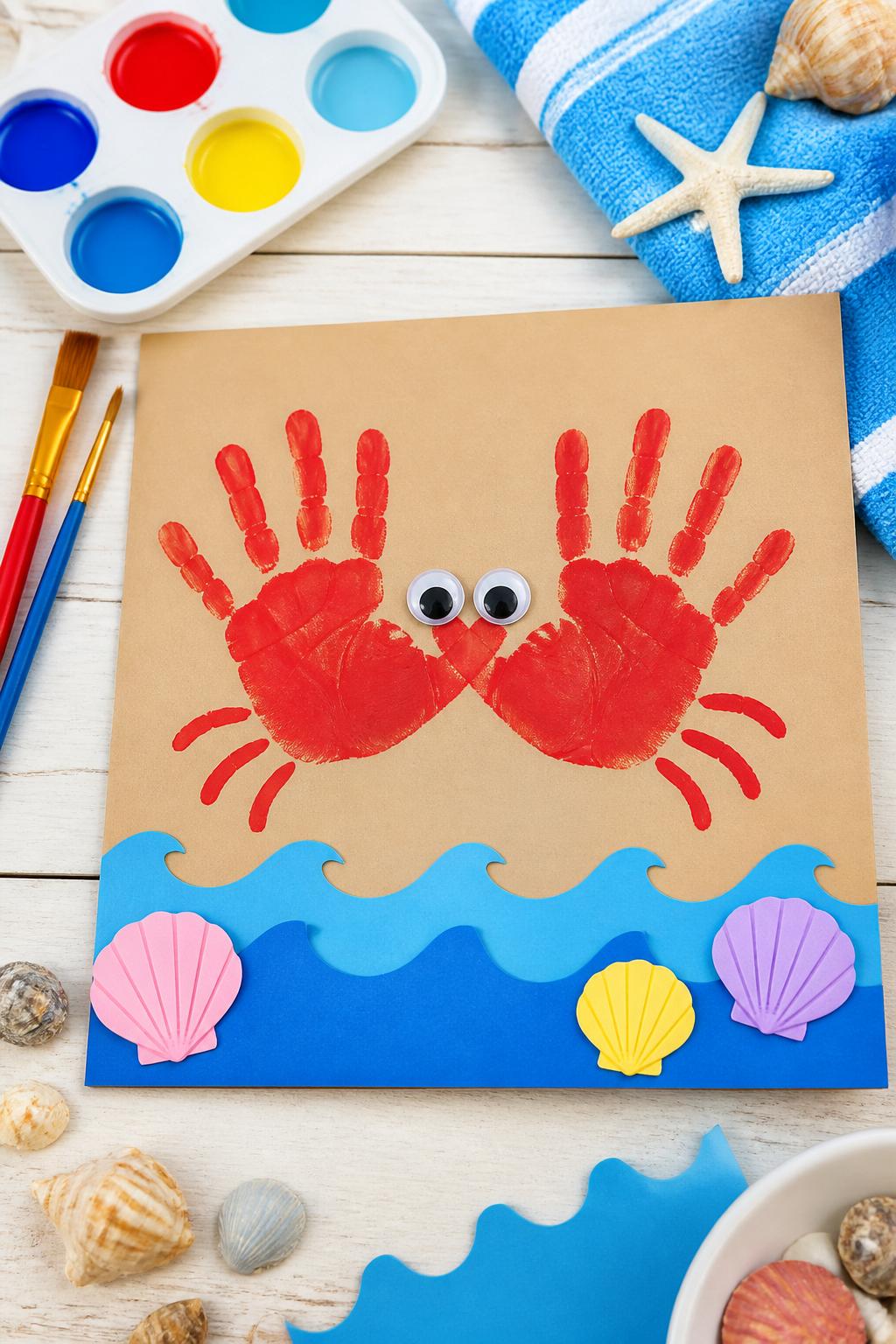 Detailed Image Prompt:
A cute beach-themed craft photo showing a red handprint crab on tan cardstock, two red handprints pressed side by side to form crab claws and body, googly eyes on top, blue paper waves, small paper shells, washable paint and brushes nearby, clean summer craft table, no real hands, no faces, no readable text, no watermark on images.