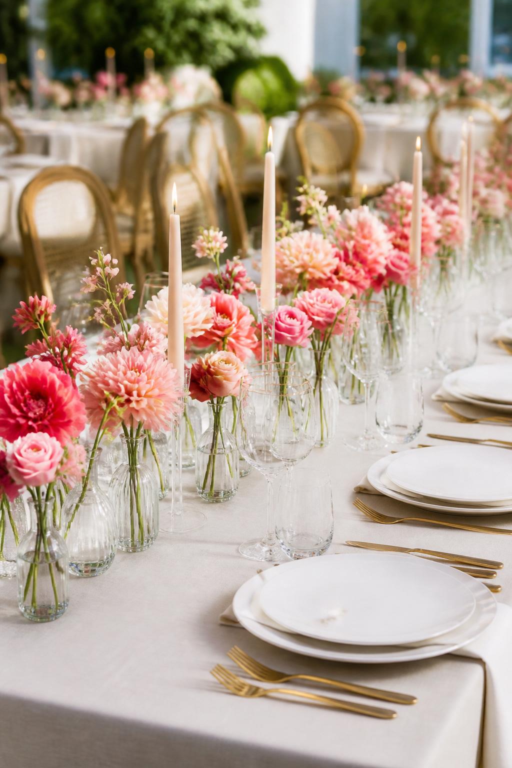 A pretty wedding reception table showing a neat line of small clear bud vases, each holding pink flowers in blush, rose, and pale coral tones. Add ivory linen, white plates, gold flatware, clear glassware, and slim candles. Bright garden or modern reception setting, no visible faces, no text, no watermark, professional editorial photography, (no watermarks on images)