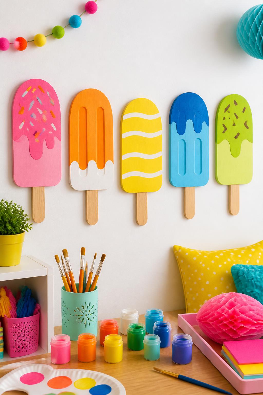 Detailed Image Prompt:
A playful summer craft photo showing wooden popsicle wall art, popsicle-shaped wood cutouts painted in bright pink, orange, yellow, blue, and green with simple drips, stripes, and sprinkles, arranged on a white wall above a craft table, paint pots and brushes nearby, colorful kids’ room or party decor style, no people, no faces, no readable text, no watermark on images.