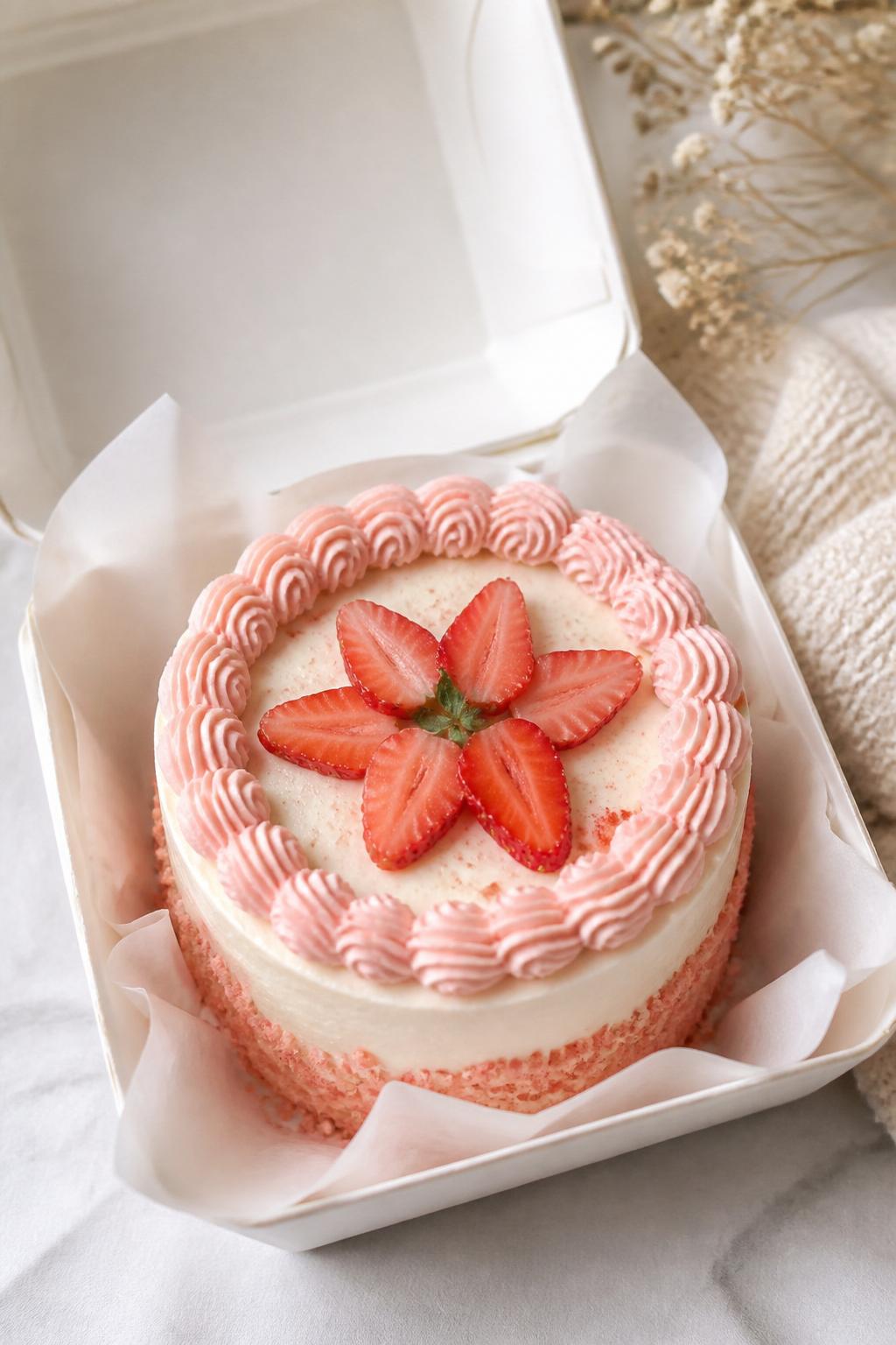 Image Prompt:
A beautiful strawberry shortcake inspired bento cake inside an open white bento cake box, smooth cream frosting, soft pink piped border, sliced strawberry accents on top, light crumb detail around the sides, cozy bakery styling, bright soft light, realistic editorial dessert photography, no people, no hands, no faces, no watermarks on images