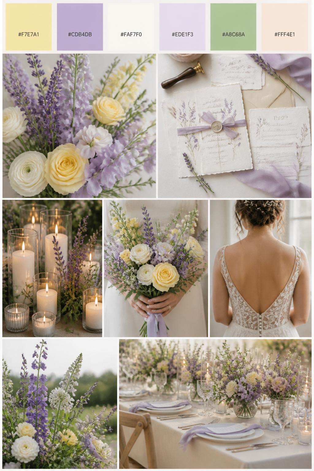 A realistic wedding color scheme mood board with a top swatch strip and small hex codes in soft yellow, lavender, ivory, pale lilac, fresh green, and warm cream. Below, create a sweet romantic collage of lavender flowers, soft yellow blooms, ivory candles, airy invitations, hands holding a bouquet, a back-view bridal detail, and a no-people reception table with soft floral styling. Use no clear faces and mix detail shots with no-people decor images for variety. The mood should feel dreamy, fresh, and romantic with soft natural light and DSLR-style realism. 9:16 vertical format. (no watermarks on images)