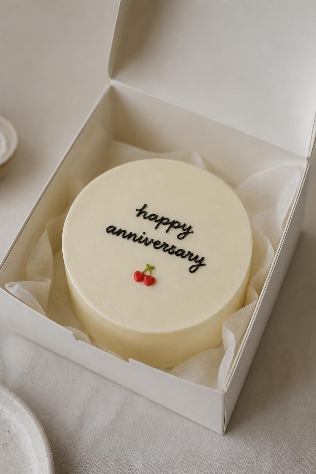 Image Prompt:
A modern Korean style anniversary bento cake in an open white cake box, smooth pale cream frosting, clean finish, tiny red cherry or heart detail, simple handwritten icing text reading “happy anniversary,” minimal cute styling, soft neutral background, realistic editorial bakery photo, no people, no hands, no faces, no watermarks on images