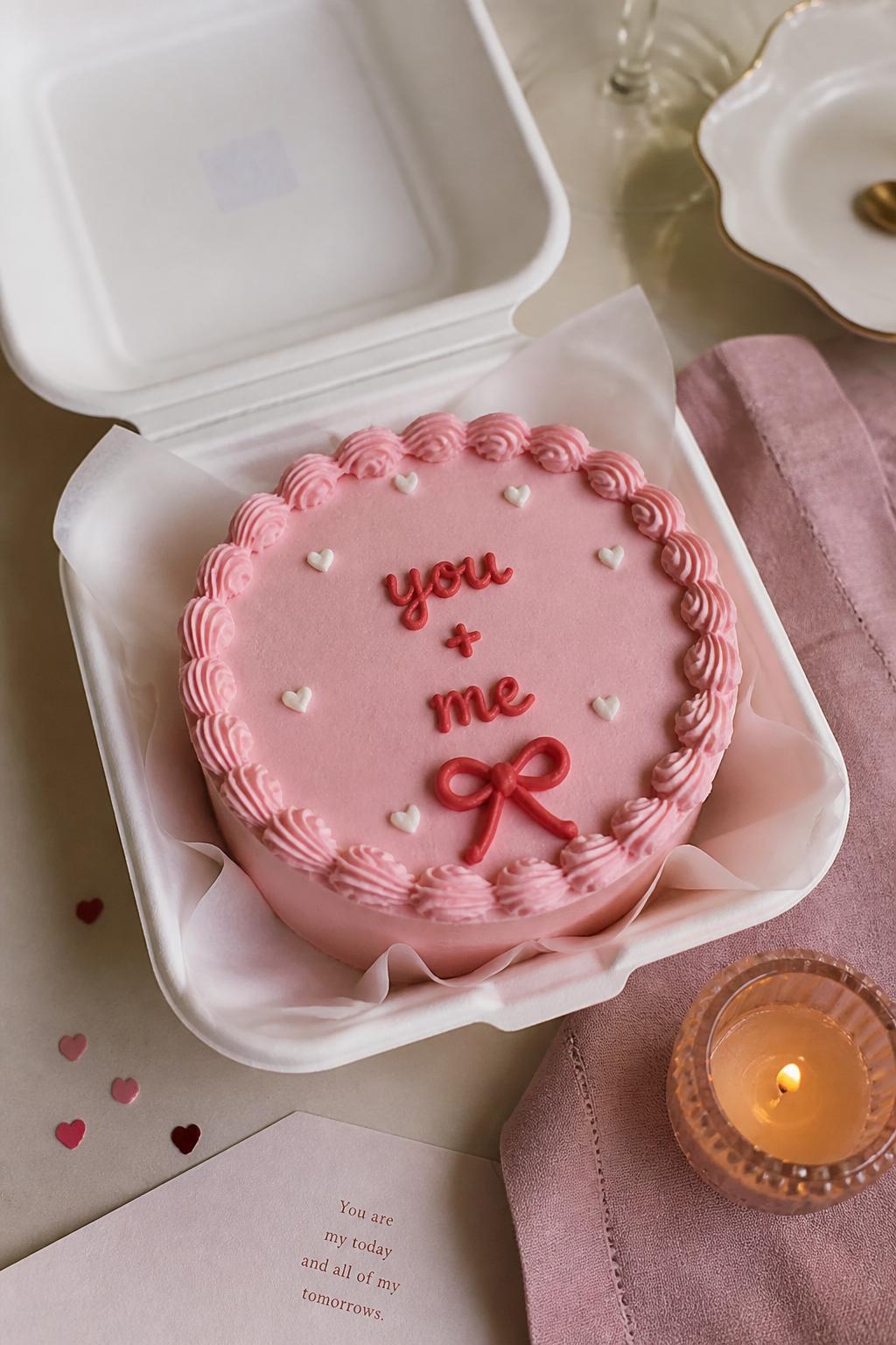 Image Prompt:
A cute romantic bento cake with soft pink buttercream frosting, neat scalloped border, icing text reading “you + me,” tiny white heart sprinkles, small red bow detail made from buttercream, placed inside a white bento box, soft romantic table styling with folded napkin and tiny candle nearby, realistic editorial bakery photo, no people, no hands, no faces, no watermarks on images