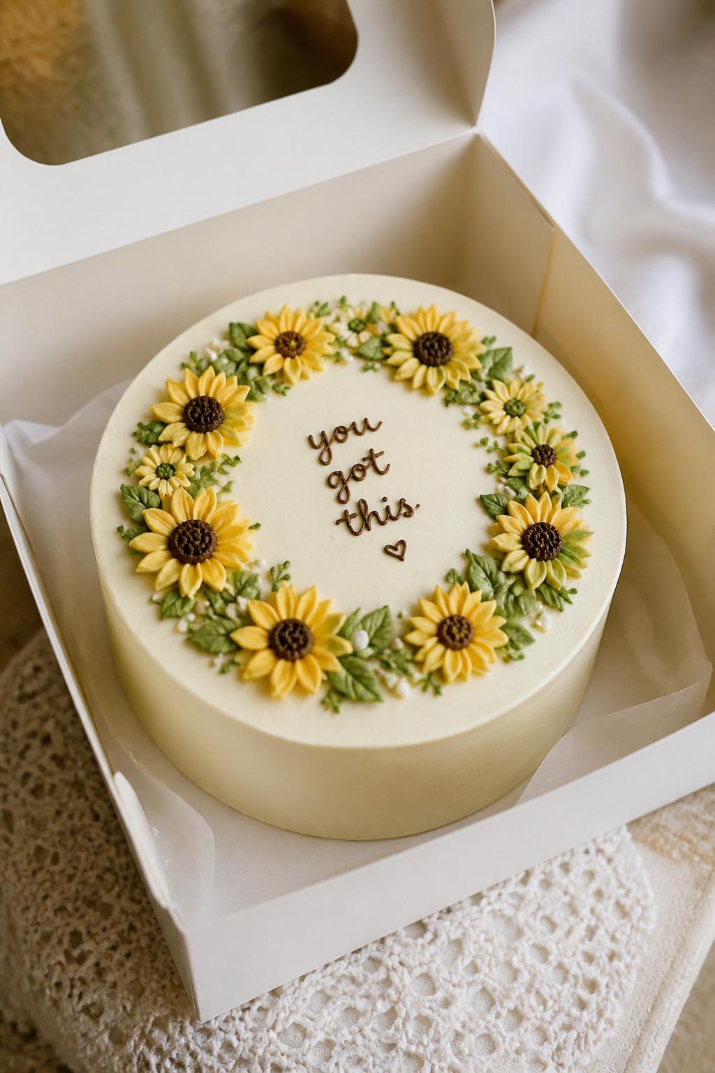 Image Prompt:
A sunflower wreath bento cake inside an open white cake box, smooth cream frosting, small piped sunflower wreath around the top edge, green leaf details, simple handwritten message in the center, warm natural styling, realistic close-up bakery photography, no people, no hands, no faces, no watermarks on images