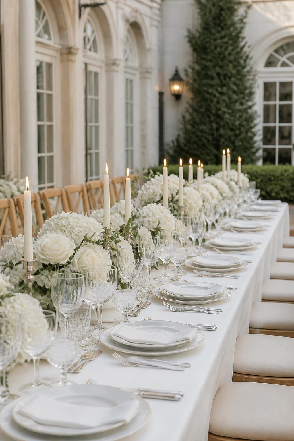 Image Prompt:
A high-end editorial wedding photo showing a long formal table with layered white plates, polished silver flatware, crystal wine glasses, folded white linen napkins, small white floral centerpieces, and ivory taper candles. Elegant estate reception setting, no visible faces, no full people, no text, no watermark, realistic DSLR wedding photography, (no watermarks on images)