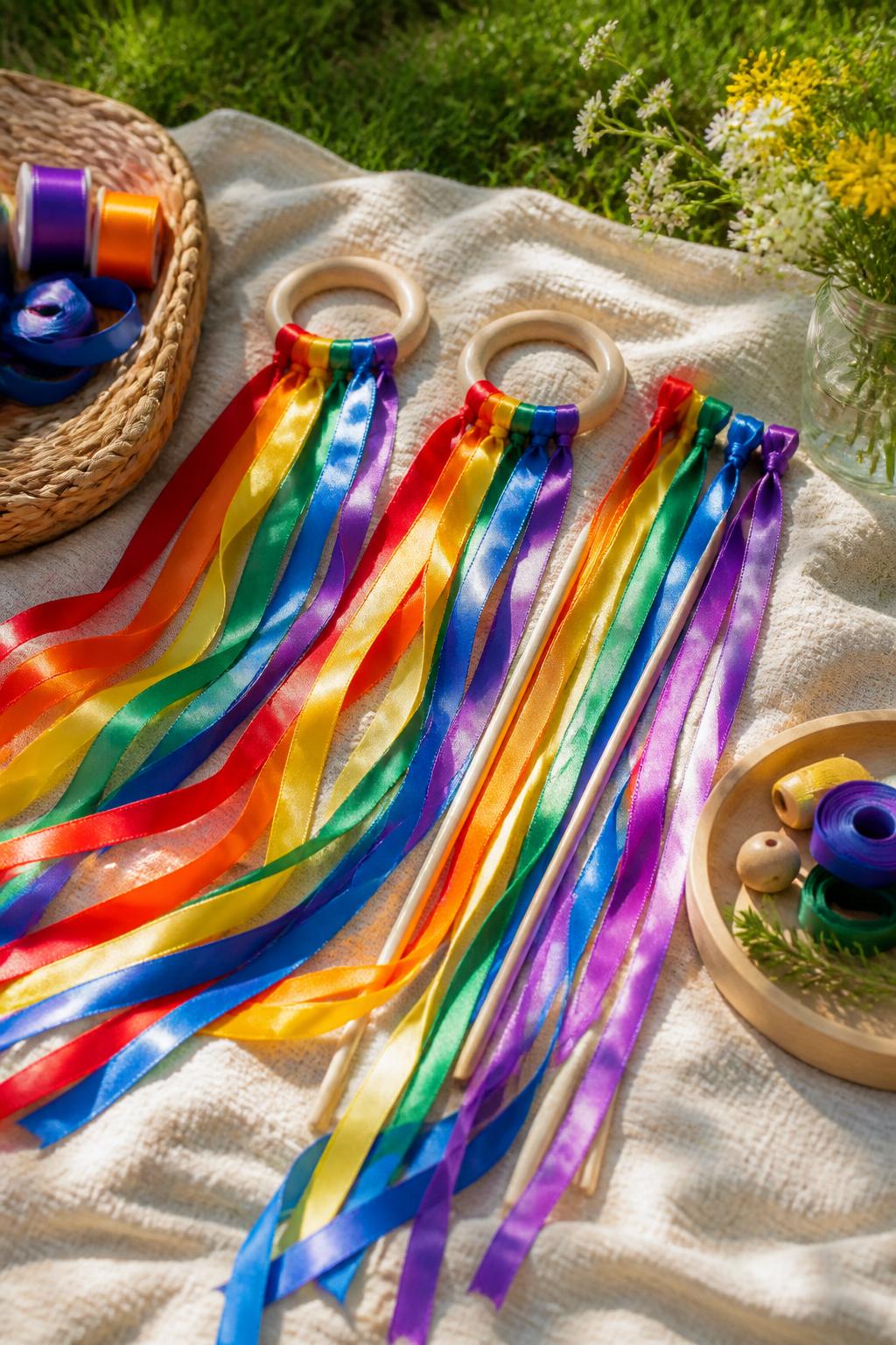 Detailed Image Prompt:
A polished summer craft image of handmade rainbow ribbon wands laid on a picnic blanket, wooden rings or craft sticks with long colorful ribbon strips tied on, soft outdoor grass background, craft supplies nearby, cheerful movement feel, sunny natural light, no kids, no faces, no text, no watermark on images.