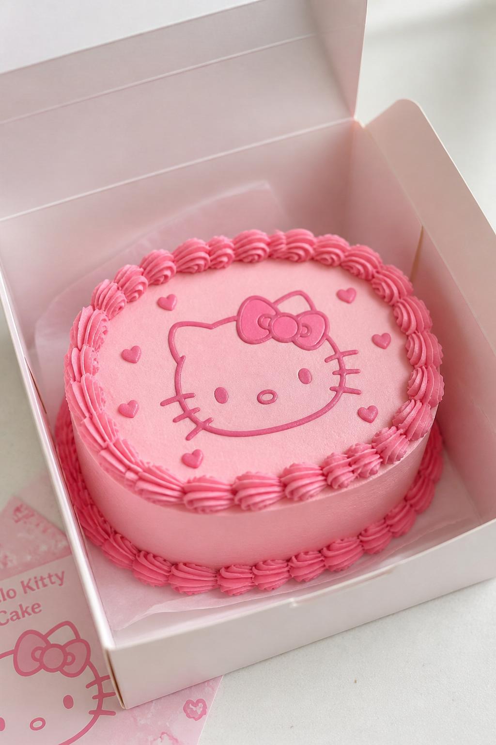 Image Prompt:
A cute monochrome pink Hello Kitty themed bento cake inside an open white cake box, smooth strawberry pink frosting, darker pink piped border, pink Hello Kitty face line art on top, tiny pink heart details, modern tone-on-tone styling, bright clean backdrop, realistic editorial dessert photography, no people, no hands, no faces, no watermarks on images
