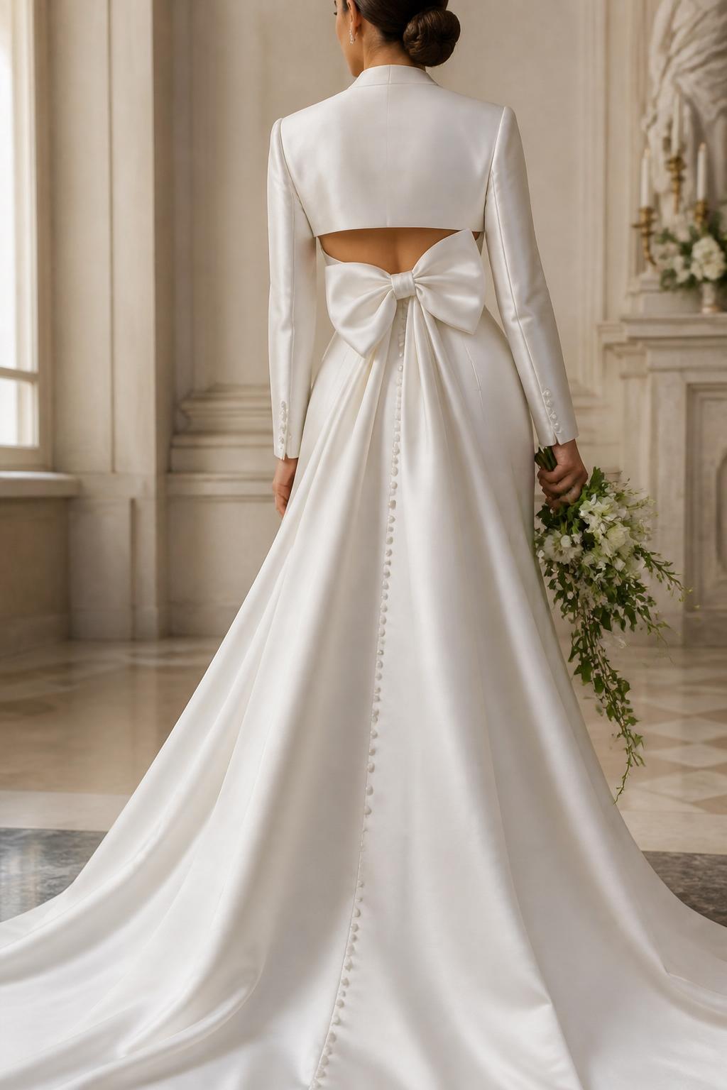 Image Prompt: A luxury bridal editorial photo of a clean satin wedding dress styled with a bolero featuring a dramatic bow detail at the back. Show the bride from behind or cropped from the neck down so the face is not visible. The satin dress is simple and elegant, while the bolero has long sleeves and a statement bow or tie-back feature. Use a polished bridal studio or elegant chapel setting with soft natural light, realistic satin detail, high-end magazine quality, no visible face, no text, no watermark. (no watermarks on images)