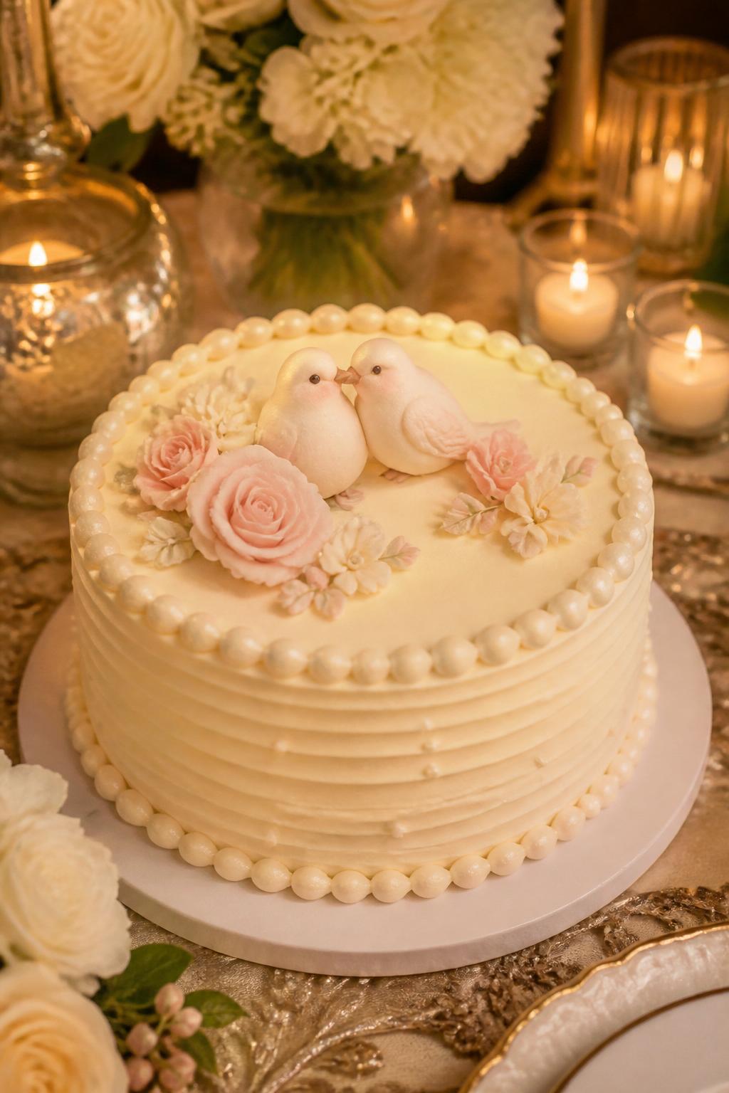 Image Prompt: A sentimental anniversary cake for parents with smooth cream buttercream, two small sugar lovebirds on top, soft floral accents, and pearl piping around the edges. Style it on a warm family celebration table with candles, cream flowers, and elegant neutral decor. Make it realistic, romantic, and tasteful, no people, no faces, no text overlay, no watermark. (no watermarks on images)