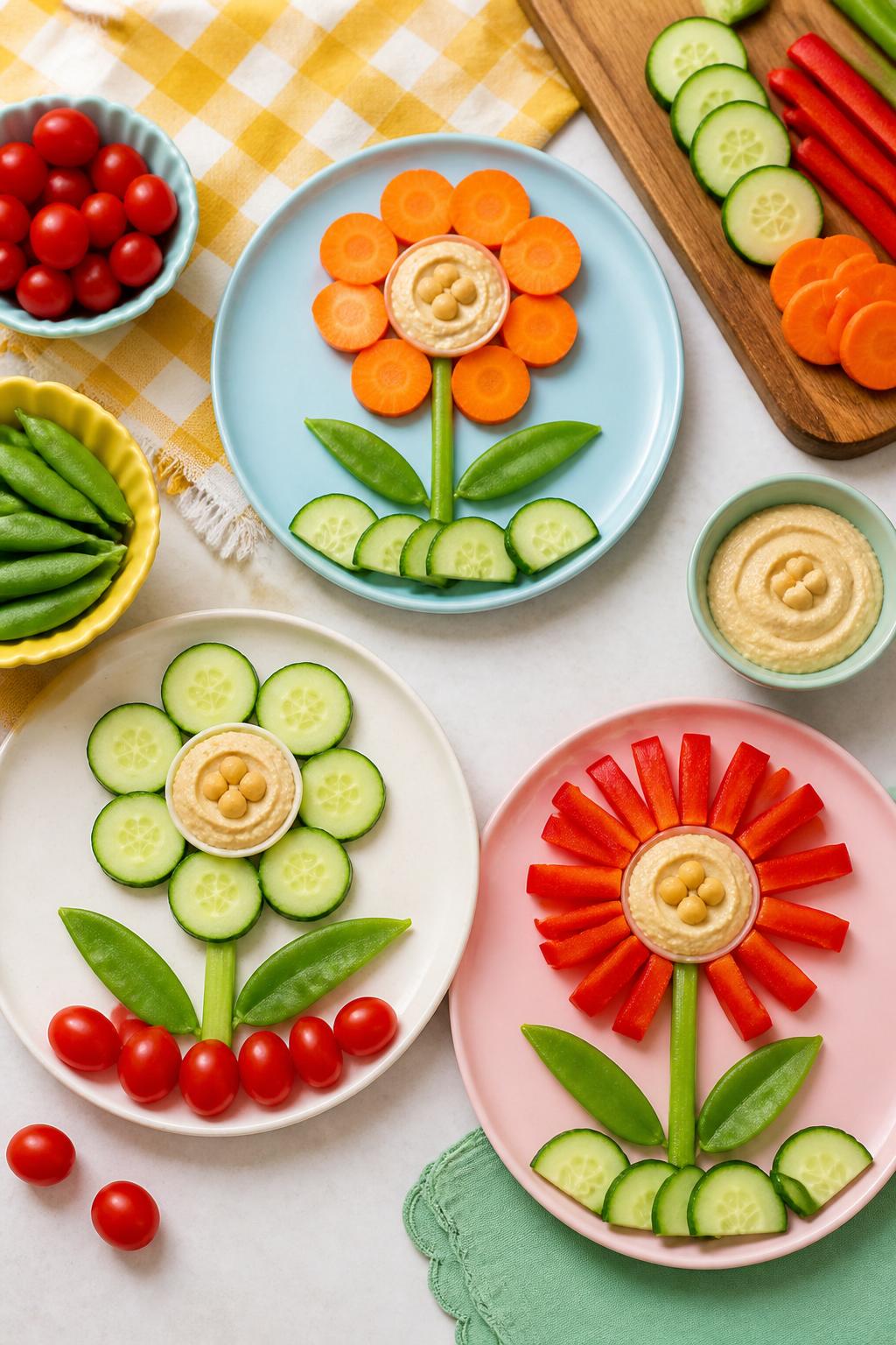 Detailed Image Prompt:
A colorful summer food craft photo showing flower veggie snack boards, cucumber slices, carrot coins, cherry tomatoes, bell pepper strips, snap peas, and hummus arranged into flower shapes on small plates, bright clean kitchen table, kid-friendly healthy snack styling, no people, no faces, no readable text, no watermark on images.