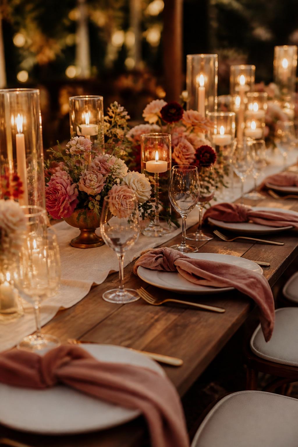 An elegant wedding table photo featuring a wooden table with velvet napkins in dusty rose, sage green, or terracotta, paired with low floral centerpieces, candles, white plates, clear glassware, and warm evening light. No visible faces, no text, no watermark, professional editorial wedding photography, (no watermarks on images)